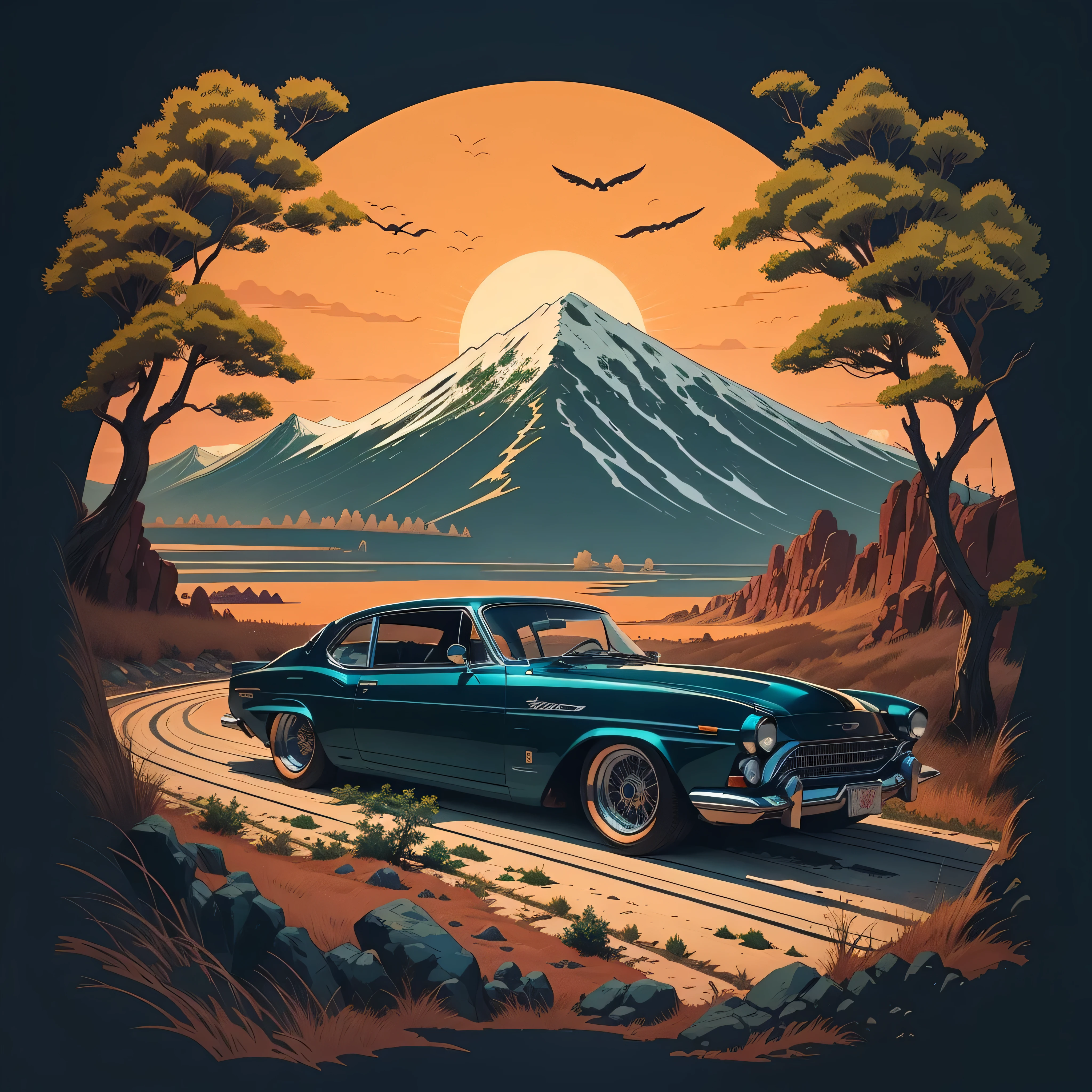 T-shirt design, genshin impact graphic, vector, a vintage car with a scenic landscape in the background, detailed illustration, and retro style