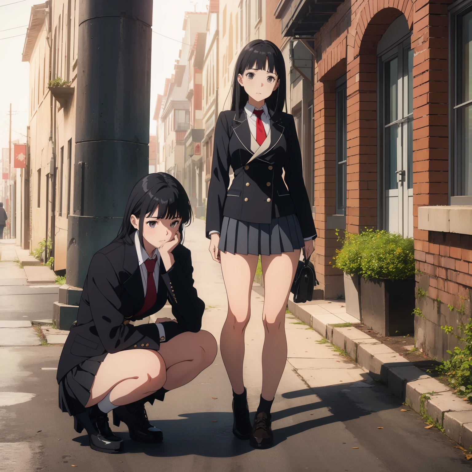 (Beautiful posture), 1Girl,slim, thin, ((black short skirt with pleats)),(((short double-breasted jacket))), (black very short jacket),(fitted clothing) ,a white blouse, (red tie short) , long bangs on face, straight black hair to waist, gray eyes with a hint of purple, knee-deep portrait, sad, It&#39;s a nasty day, stands in the castle