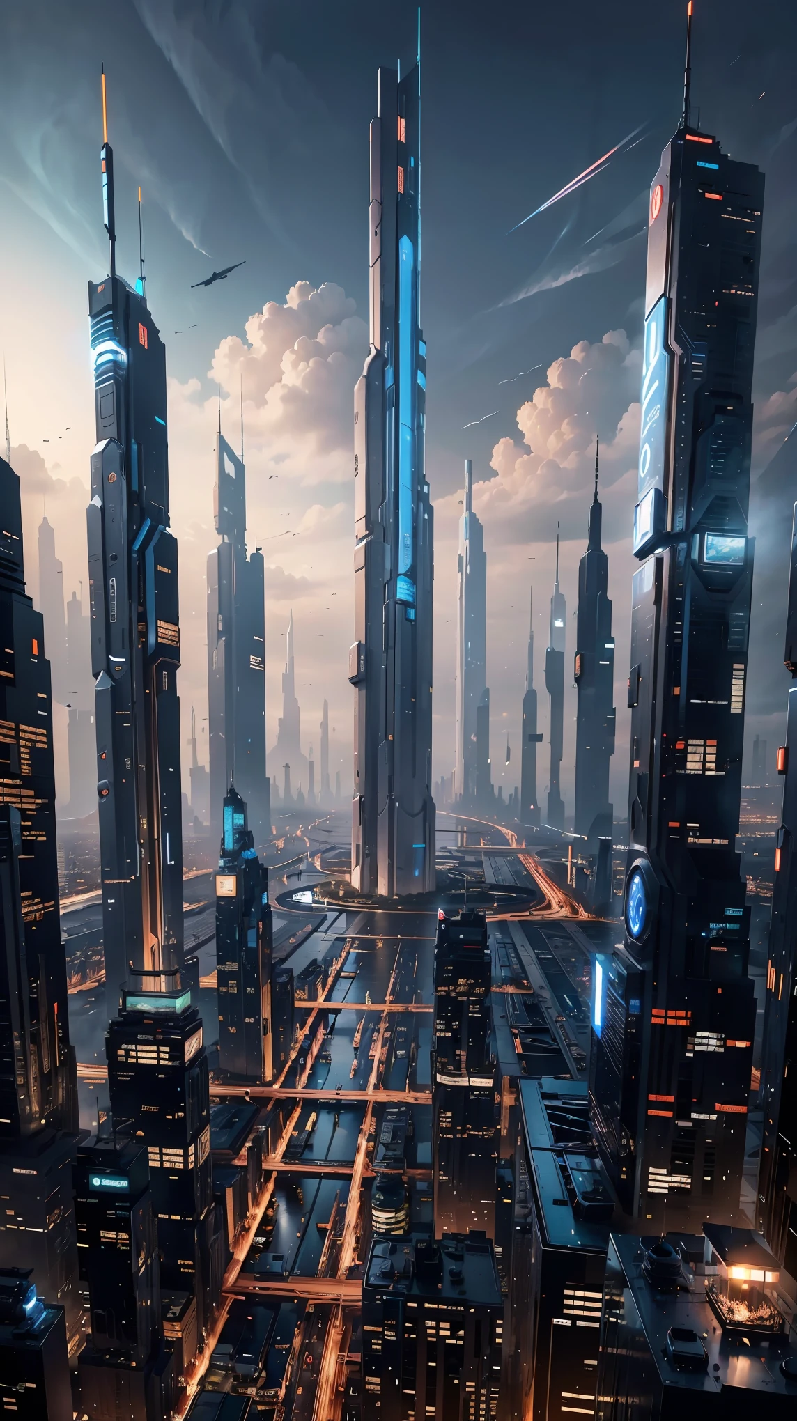 Night view seen from an airplane,future city:1.3,port,flying spaceship,skyscraper,master piece,highest quality,ultra high resolution,(Super detailed:1.2),8K,photorealistic,best aesthetic,beautiful