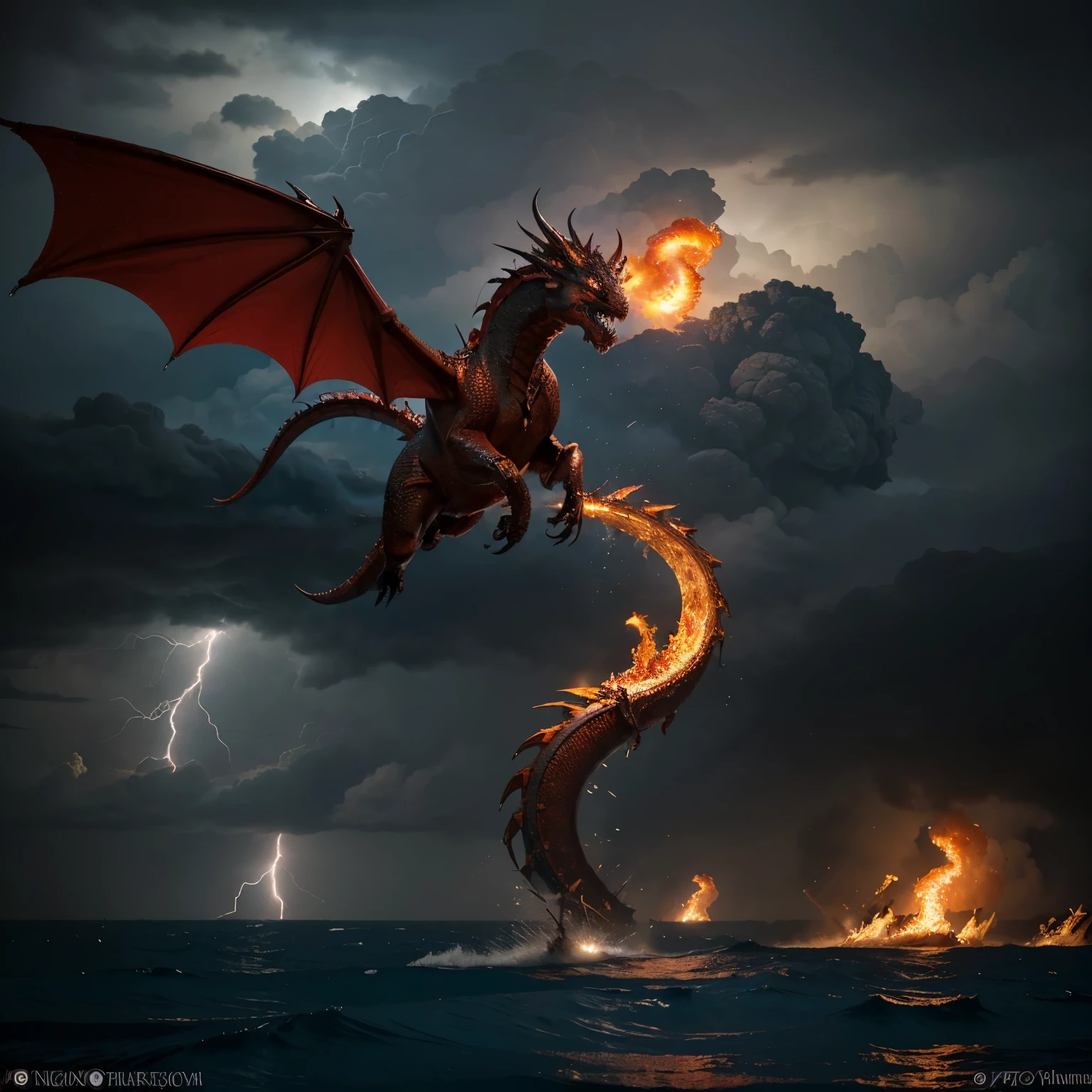 Scene Description:
The scene takes place in the skies during a tumultuous storm.. Lightning tears through the dark sky, thunder echoes in the distance and heavy clouds move frantically. The environment is chaotic, with gusts of wind and torrential rain that partially obscure the view.
Red Dragon on Fire:
A red-scaled dragon is at the heart of the conflict, suas asas largas batendo poderosamente contra a tempestade. His body is engulfed in ravenous flames that stand out even more in the darkness of the storm.. The flames seem to have a life of their own, dancing around the dragon as it displays intense fury. His fiery eyes shine with fierce determination as he releases roars that rival the rumble of thunder..
Blue Water Dragon:
Facing the red dragon is a dragon made of water, its scales shine deep blue under the lightning. Your body is fluid, moldando-se e se movendo com a agilidade de um raio. Water droplets splash in his wake as he launches himself at the red dragon.. Its eyes shine with a serenity that contrasts with the fury of the other dragon., demonstrating calm, focused determination.
Setting and Conflict:
The two dragons are involved in a fierce aerial confrontation. Suas batalhas rasgam as nuvens, unleashing furious winds and lightning that illuminates the scene dramatically. Eles se enredam em um emaranhado de garras, flames and water, criando uma coreografia de batalha intensa. The contrast between fire and water becomes more evident as the fight continues.
Expressions and movements:
Dragons' expressions reflect their determination. The red dragon displays fiery anger and fierce determination, while the blue dragon maintains a focused calm and agile posture, responding to attacks with dexterity and strategy.
Visual and Cinematic Effects:
The scene is full of cinematic visual effects, with lightning lighting the clash between dragons