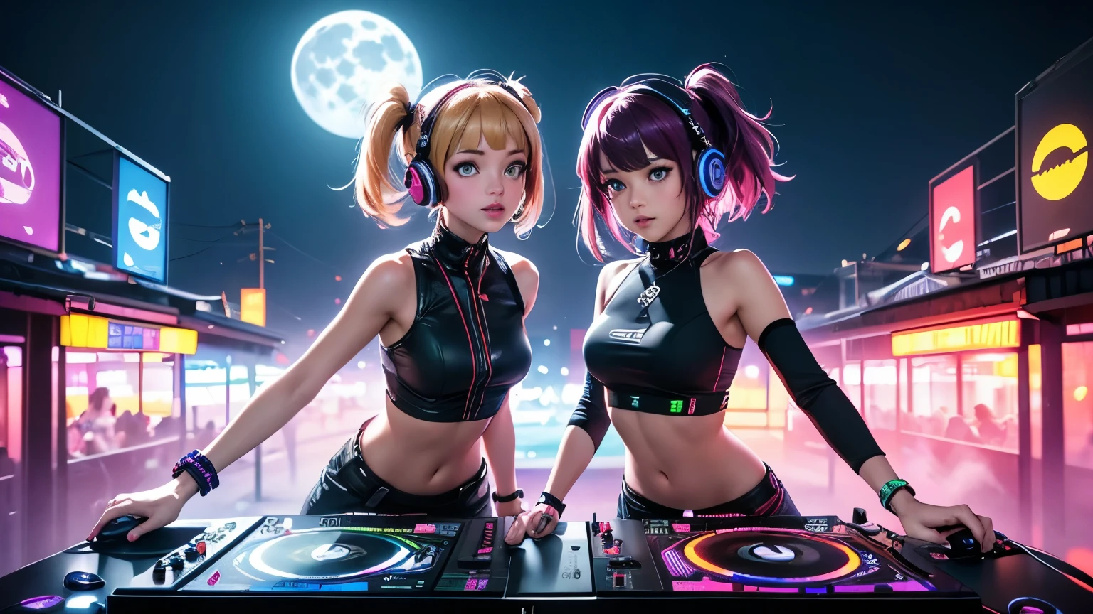 ((best quality)), (high detail), (official art), (2girls), DJ mixing vinyl records, (good vibes), LED headphones, (high energy), music festival), (Artist), music notes in the air, (action pose), vibrating beats, neon amber eyes, full moon dance party, HDR, 4K, 3D