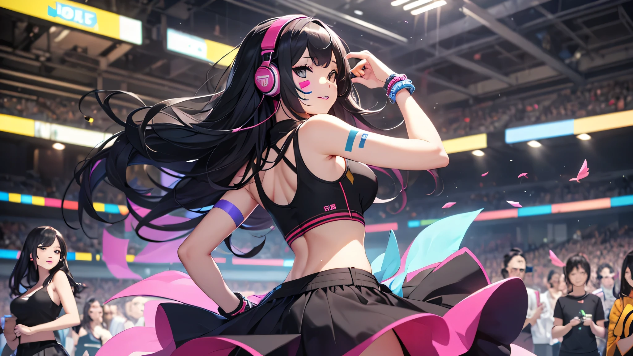 最high quality、best image quality、masterpiece、age girl((18-year-old、 by becoming、vest bust、medium bust,wide open breast tea、black eye, black hair、long hair、thin,highest valley、cute makeup、black short skirt、Red spats、fluttering hair、white navel tank top、chain accessories、headphones,dance motion,Fierce dance、best smile、Rear view、blue face paint、Yellow face paint、Pink face paint)),high quality、beautiful art、background((night club)),pieces fly、Depth of written boundary、movie、visual art、perfect art、