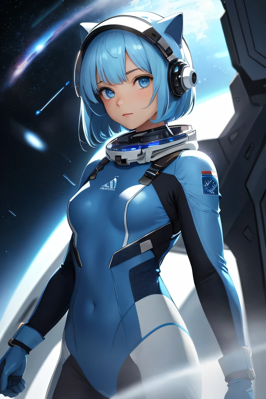 (8k, HDR, RAW photo, best quality, masterpiece:1.2, realistic lighting), Full body shot, Long shot view, girl floating on the space, solo, (thin face), realistic beautiful face, very detailed face, (bob cuts hair), ((sky blue hair)), path traced hair, (sky blue cat ears), ((sky blue eyes)), beauty eyes, perfect symmetrical eyes, clear sparkling blue eyes, (flat chest), (small breast), wearing a full body spacesuit, (spacesuit helmet), detailed and complex background, surreal space, fantasy space, outer space