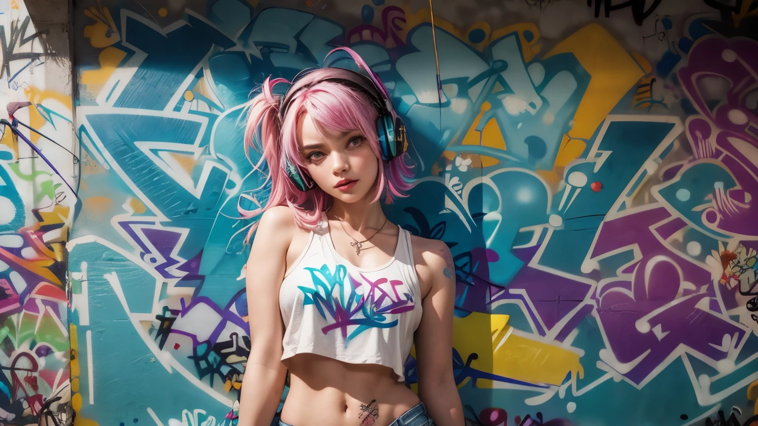 masterpiece, best quality, 1girl, solo, crop top, denim shorts, (graffiti:1.5), paint splatter, against wall, looking at viewer, armband, thigh strap, head tilt, multicolored hair, aqua eyes, headset,