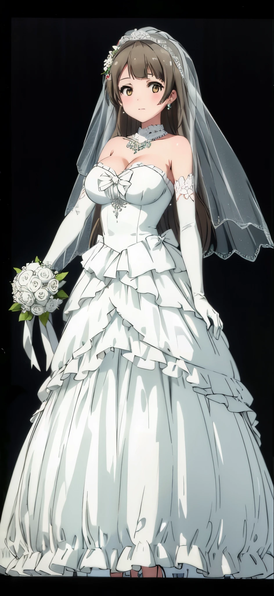 (((Pixel perfect, Perfect details))), alone, 1 girl, minamikotori,  Close-up of beautiful bride wearing beautiful wedding dress,Gurwitz,(bridal veil:1.5），（Transparent short veil：1.5），Blushing face，Head flower，headgear，（tube top wedding dress：1.5），（Silk dress：1.2）,（Strapless wedding dress：1.5）,pure white dress，necklace，earrings，(large breasts:1.3)，Deep V peach heart collar wedding dresangs，lipstick，（lace gloves：1.3）,whole body照,High detail RAW color art,Long white dress，whole body，Place your hands behind your back，