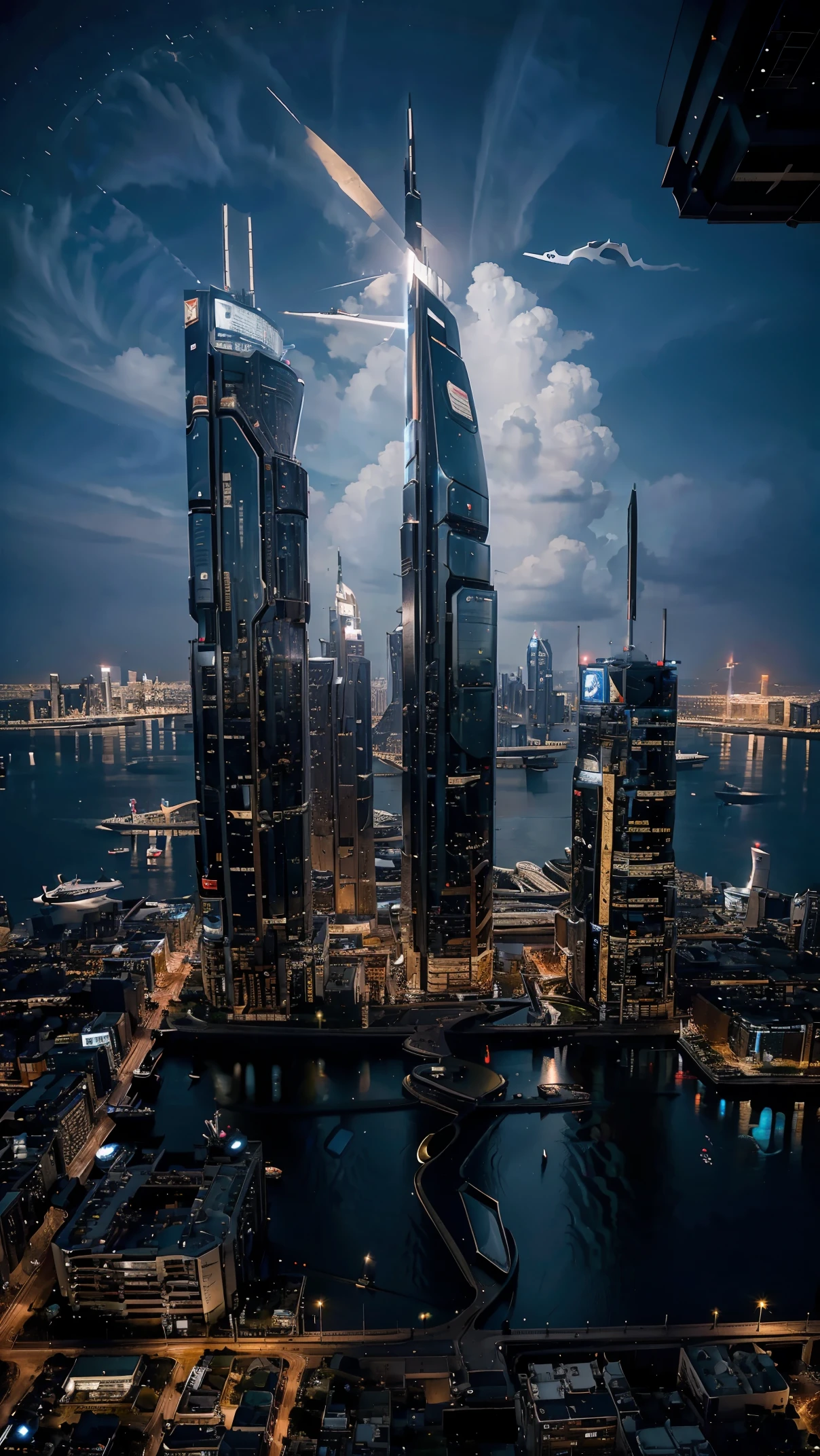 Night view seen from an airplane,future city:1.3,port,flying spaceship,skyscraper,master piece,highest quality,ultra high resolution,(Super detailed:1.2),8K,photorealistic,best aesthetic,beautiful