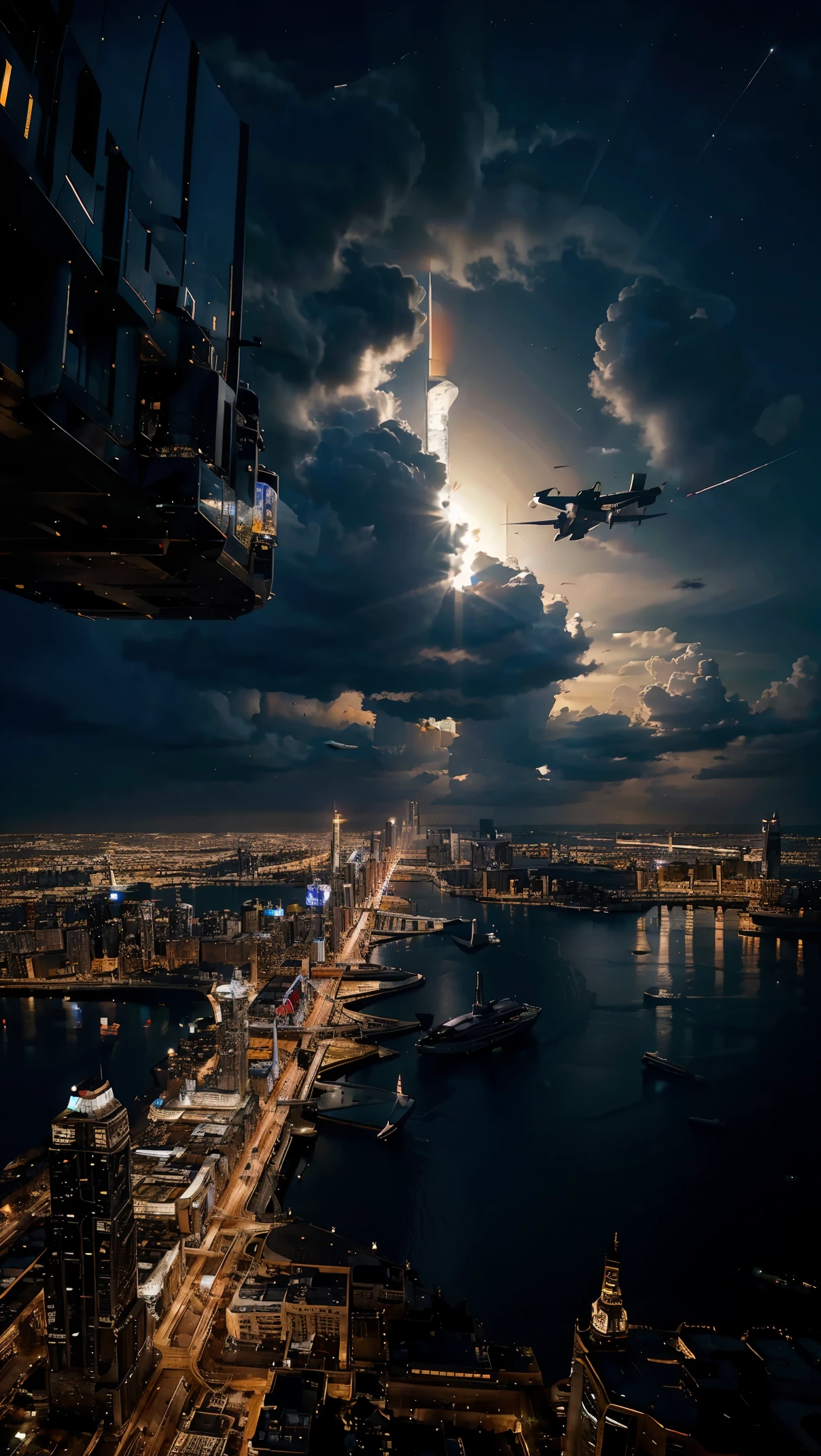 Night view seen from an airplane,future city:1.3,port,flying spaceship,skyscraper,master piece,highest quality,ultra high resolution,(Super detailed:1.2),8K,photorealistic,best aesthetic,beautiful