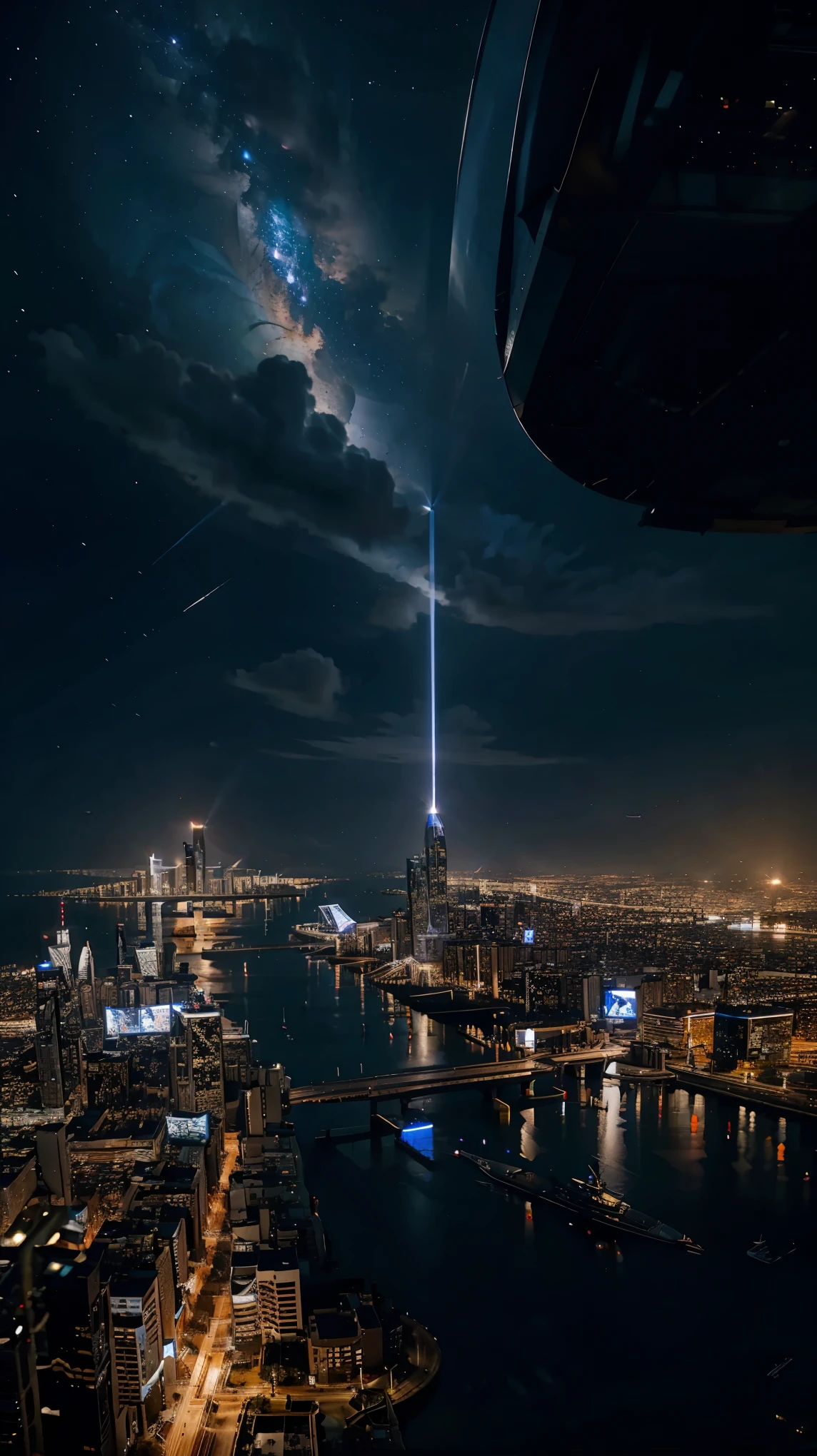 Night view seen from an airplane,future city:1.3,port,flying spaceship,skyscraper,master piece,highest quality,ultra high resolution,(Super detailed:1.2),8K,photorealistic,best aesthetic,beautiful