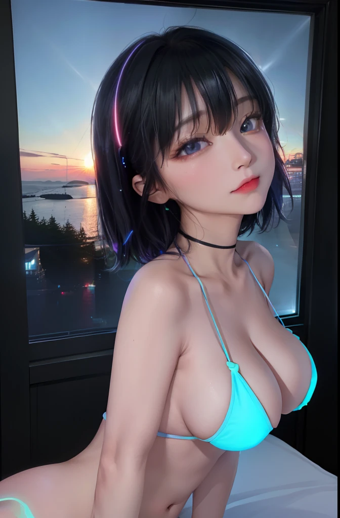 (Front view, Face-to-face audience:1.2), in the center, 3D, 3D model, unreal engine, | digital facial portrait, | 1 girl, alone, BLACK hair color, beautiful straight hairstyle, light blue eyes, | (neon wireless headphones headset:1.2), (exquisite female body、exquisite breasts、Micro bikini that glows with UV black neon light:1.2), love hotel bedroom、midnight、 sunset,  detailed person、detailed scenic view, with neon lights、Depth of bounds written,