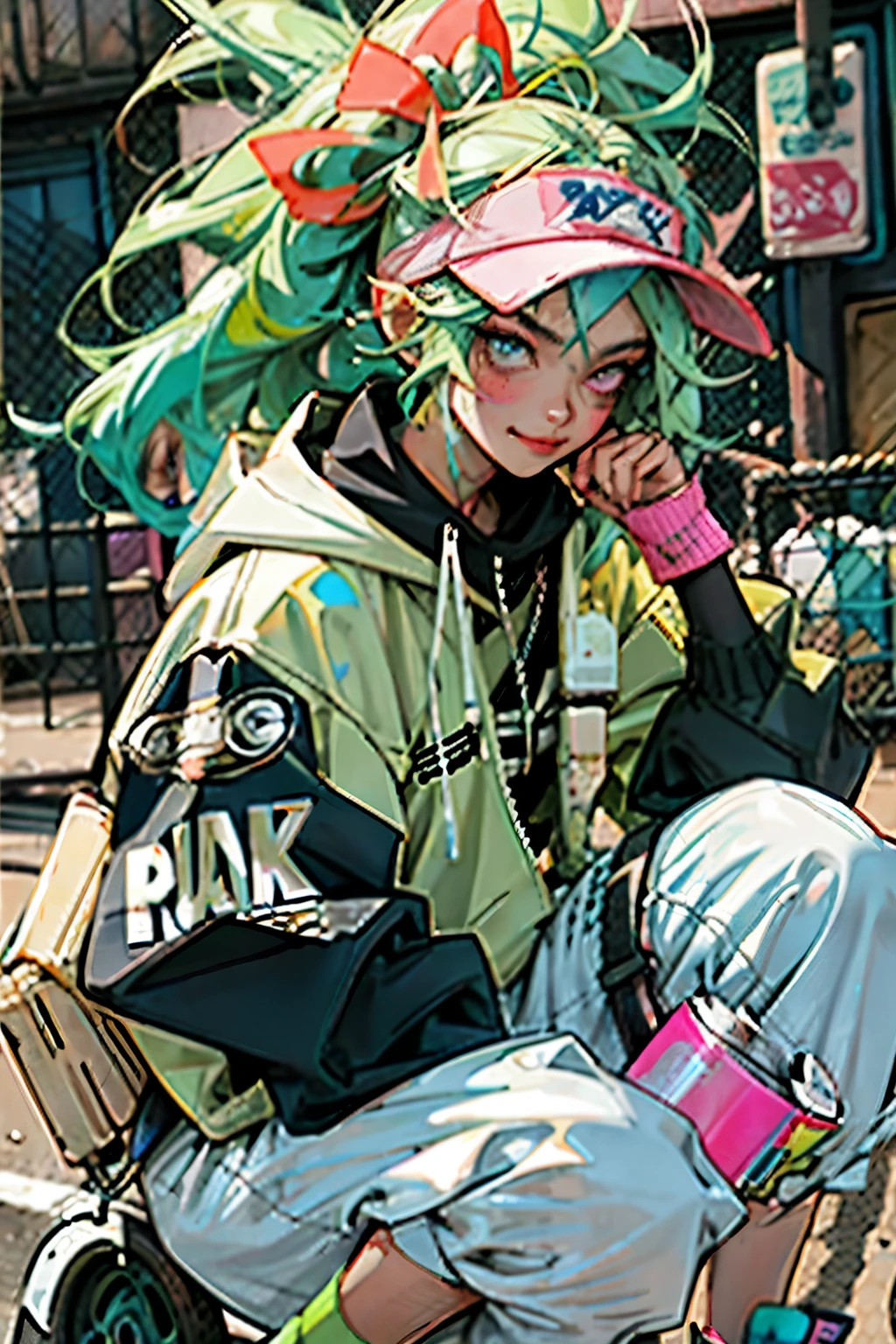 anime slim girl with a cap and a mask, thin face, holding a spray can, green messy hair, street background in neon pink and blue colors, stickers, smirk face, harley vibe, bad girl
