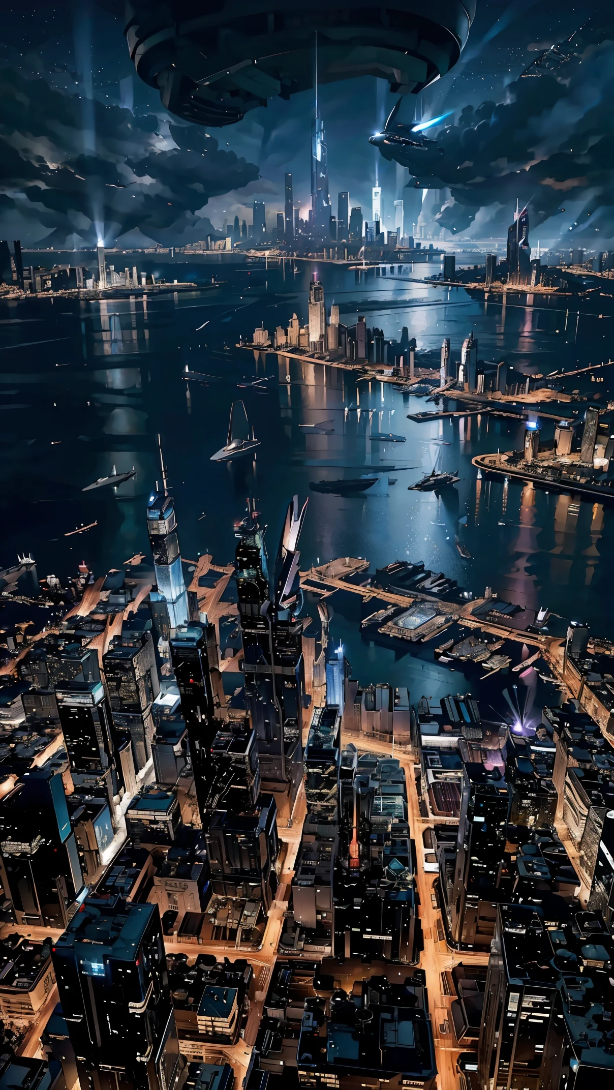 Night view seen from an airplane,future city:1.3,port,flying spaceship,skyscraper,master piece,highest quality,ultra high resolution,(Super detailed:1.2),8K,photorealistic,best aesthetic,beautiful