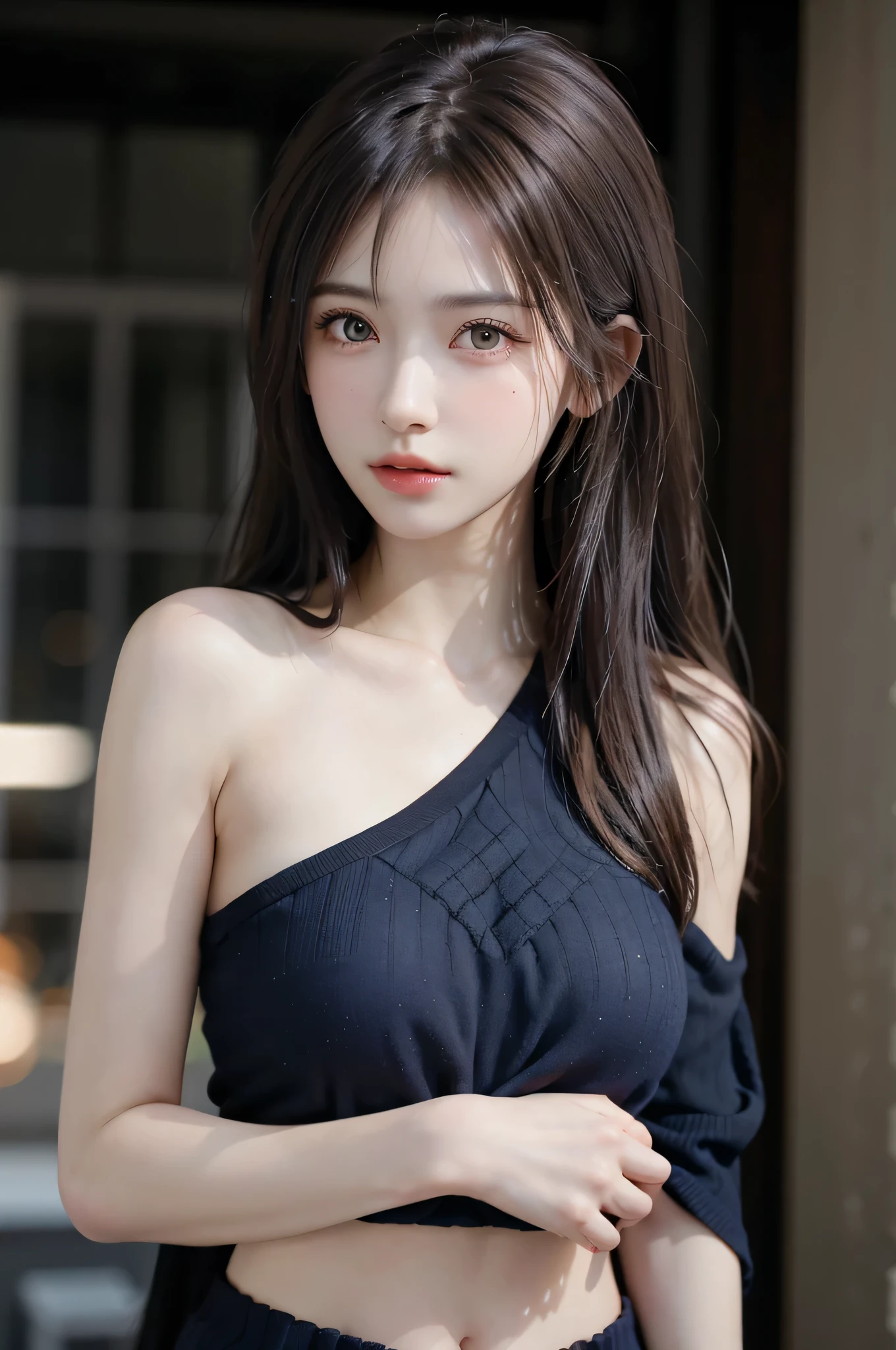 (high resolution, 4k, 8k, ultra-detailed:1.2), (hyper-realistic, photorealistic:1.37), (illustrated), (detailed lighting), (extremely delicate and beautiful), ung girl, brown hair, brown eyes, model, bare shoulders and chest, (best quality), ultra-detailed CG wallpaper in 8k, vibrant color, professional-grade, ((bokeh effect)), depth of field, twilight, sinking sunset.