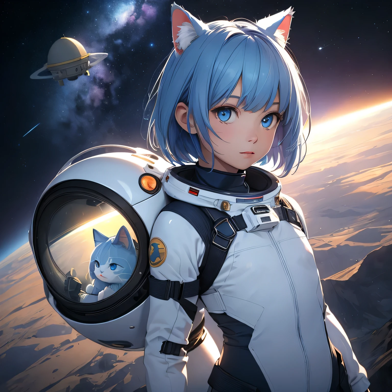(8k, HDR, RAW photo, best quality, masterpiece:1.2, realistic lighting), long shot, girl floating on the space, solo, (thin face), realistic beautiful face, very detailed face, (bob cuts hair), ((sky blue hair)), path traced hair, (sky blue cat ears), ((sky blue eyes)), beauty eyes, perfect symmetrical eyes, clear sparkling blue eyes, (flat chest), (small breast), wearing a full body spacesuit, (spacesuit helmet), detailed and complex background, surreal space, fantasy space, outer space