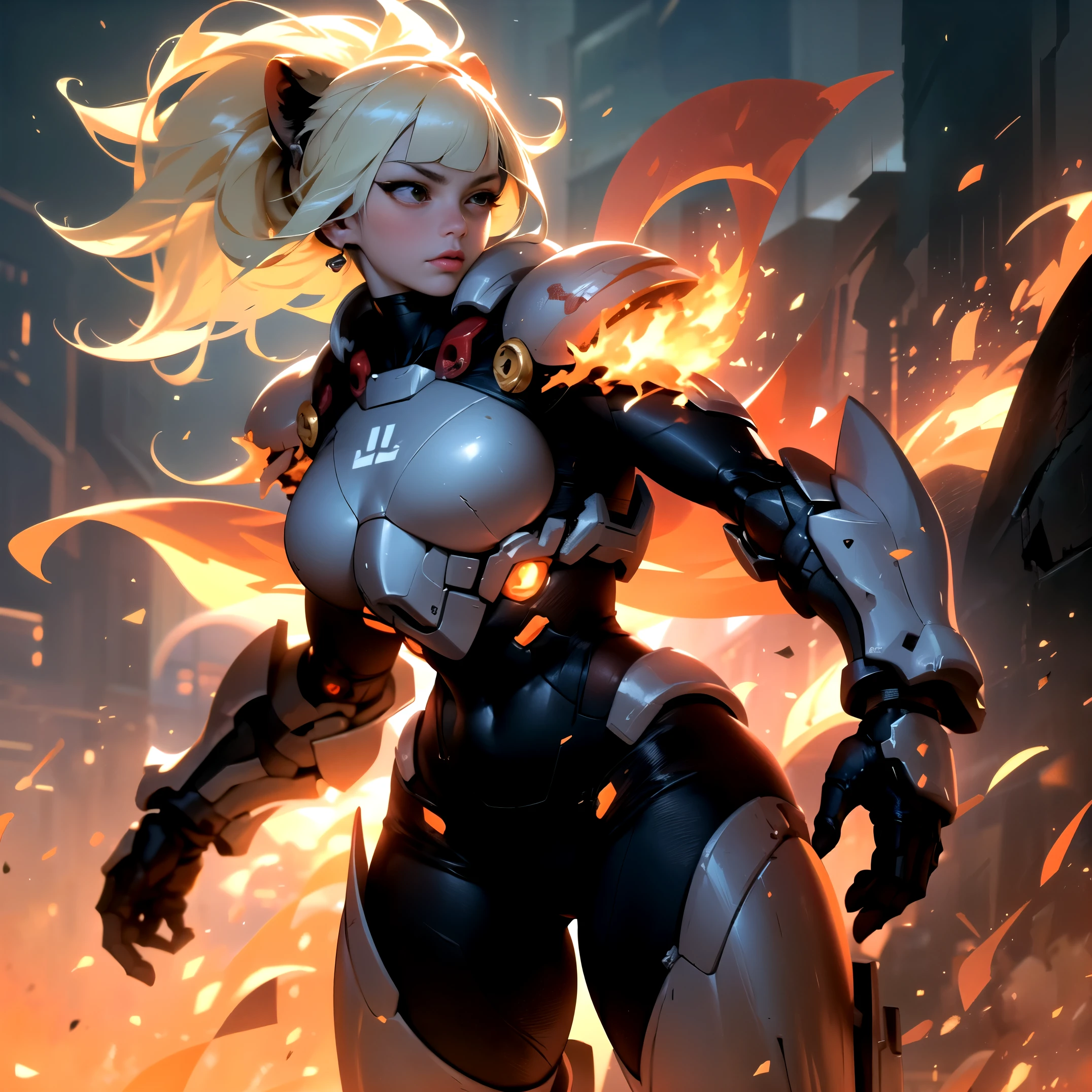 Lillie's eyes are piercing and determined, framed by thick, dark lashes. Her lips are painted with a bold shade of red, perfectly matching her fiery spirit. She stands tall and confident, embodying strength and courage.
The lion claws on her mechsuit are razor-sharp, reminiscent of the powerful and ferocious predator. They are meticulously crafted, with every detail captured to perfection. As Lillie charges into battle, the claws move with precision and grace, ready to tear through any obstacle in her path.
The landscape surrounding Lillie is engulfed in flames, creating a dramatic and intense atmosphere. The flames dance and flicker, casting a warm, golden glow over the scene. The colors range from vibrant oranges and yellows to deep reds, conveying the energy and passion of the battle.
With (best quality, 4k, highres, masterpiece:1.2) ultra-detailed and (realistic, photorealistic, photo-realistic:1.37) rendering, every aspect of the artwork is brought to life with remarkable accuracy. The textures and materials of the mechsuit and the fiery landscape are incredibly realistic, ensuring a visually stunning and immersive experience.
The overall art style of the prompt is a combination of fantasy and sci-fi, blending elements of mechanical engineering with the majestic power of lions. It showcases a unique and captivating fusion of technology and mythology.
The lighting in the artwork is dynamic and dramatic, casting strong shadows and highlighting the details of the mechsuit and the landscape. The sunlight filters through the flames, creating a mesmerizing play of light and shadow.
Combine all these elements together, and the prompt brings to life an epic battle scene, where Lillie, wearing a lion-themed mechsuit, showcases her strength and determination as she charges into battle with lion claws and a fierce roar.