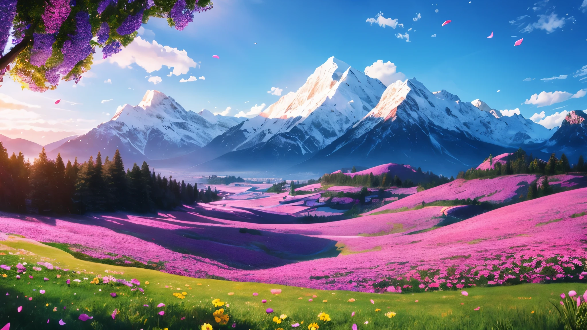 HD, wallpaper, mountain tops, magical wonderland, paradise, isolation, warm sunshine, petals flying, Pixar-style