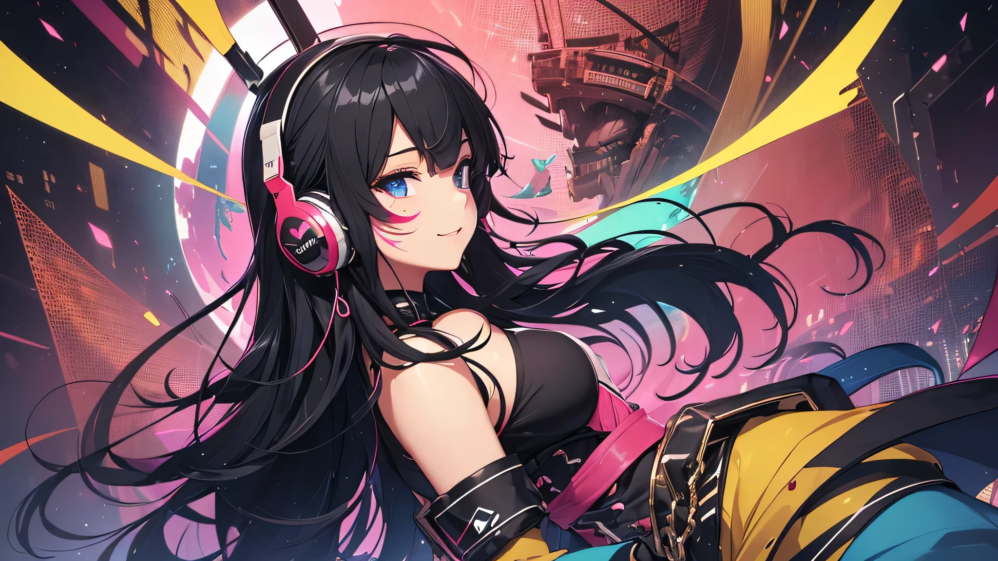 最high quality、best image quality、masterpiece、teenage girl((18-year-old、 by becoming、vest bust、medium bust,wide open breast tea、black eye, black hair、long hair、thin,highest valley、cute makeup、black short skirt、Red spats、fluttering hair、white navel tank top、chain accessories、headphones,dance motion,Fierce dance、best smile、Rear view、blue face paint、Yellow face paint、Pink face paint)),high quality、beautiful art、background((night club)),pieces fly、Depth of written boundary、movie、visual art、perfect art、
