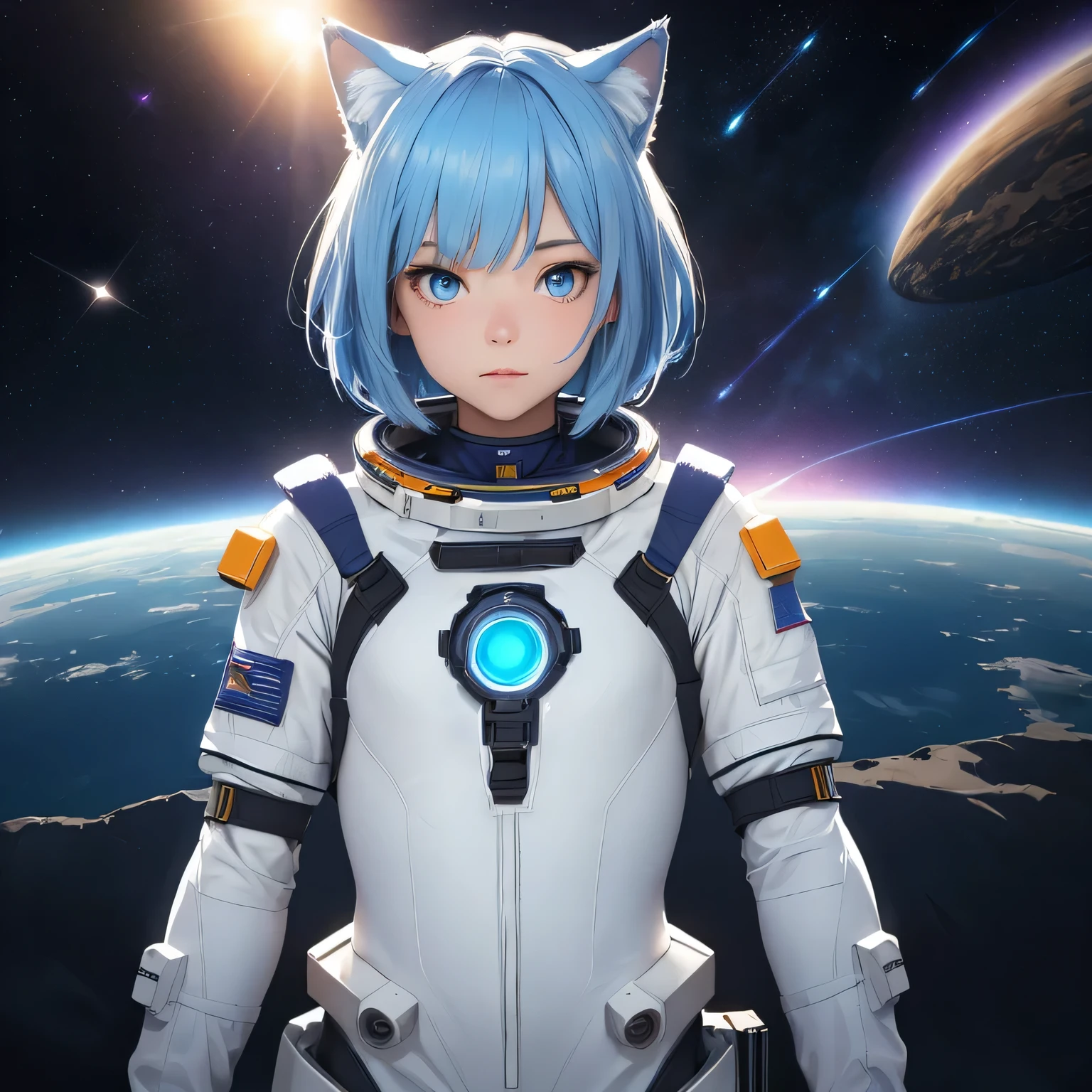 (8k, HDR, RAW photo, best quality, masterpiece:1.2, realistic lighting), long shot, girl floating on space, solo, (thin face), realistic beautiful face, very detailed face, (bob cuts hair), ((sky blue hair)), path traced hair, (sky blue cat ears), ((sky blue eyes)), beauty eyes, perfect symmetrical eyes, clear sparkling blue eyes, (flat chest), (small breast), wearing a full body spacesuit, (spacesuit helmet), detailed and complex background, surreal space, fantasy space, outer space