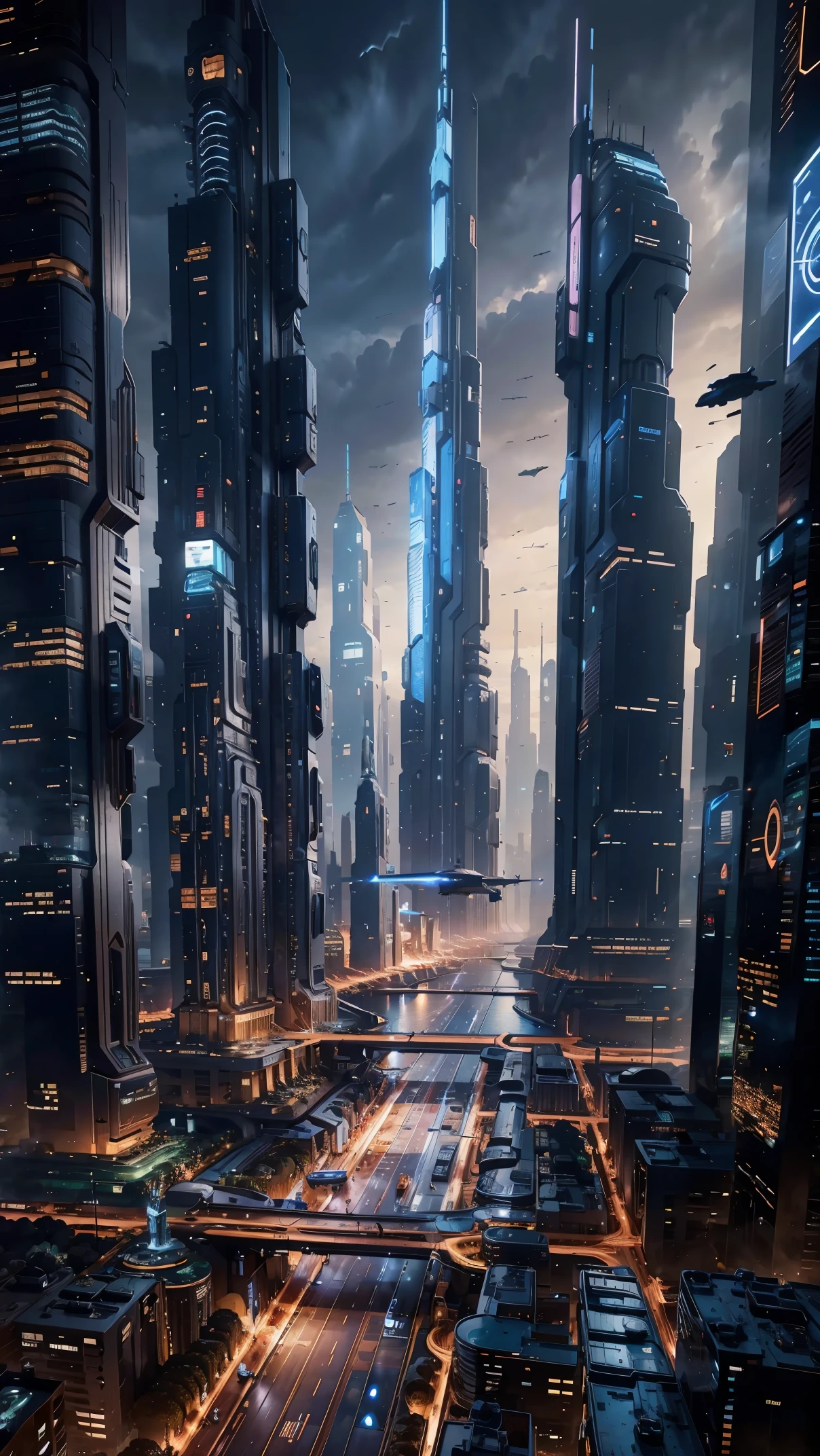 Night view seen from an airplane,future city:1.3,port,flying spaceship,skyscraper,master piece,highest quality,ultra high resolution,(Super detailed:1.2),8K,photorealistic,best aesthetic,beautiful