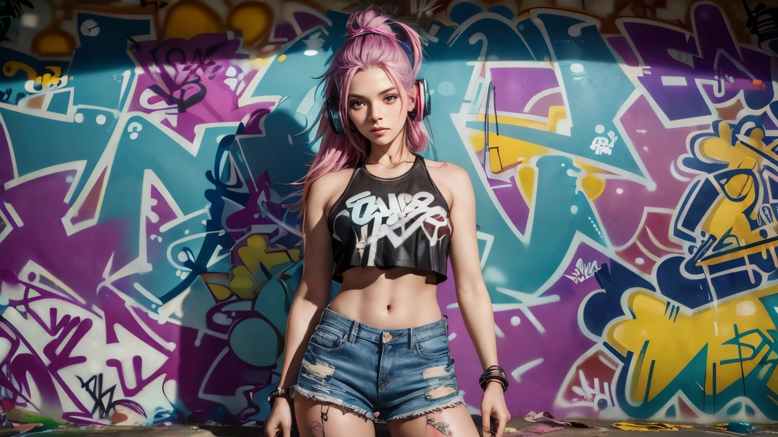 (official art), masterpiece, best quality, 1girl, solo, crop top, denim shorts, (graffiti:1.5), paint splatter, against wall, looking at viewer, armband, thigh strap, head tilt, multicolored hair, aqua eyes, headset,