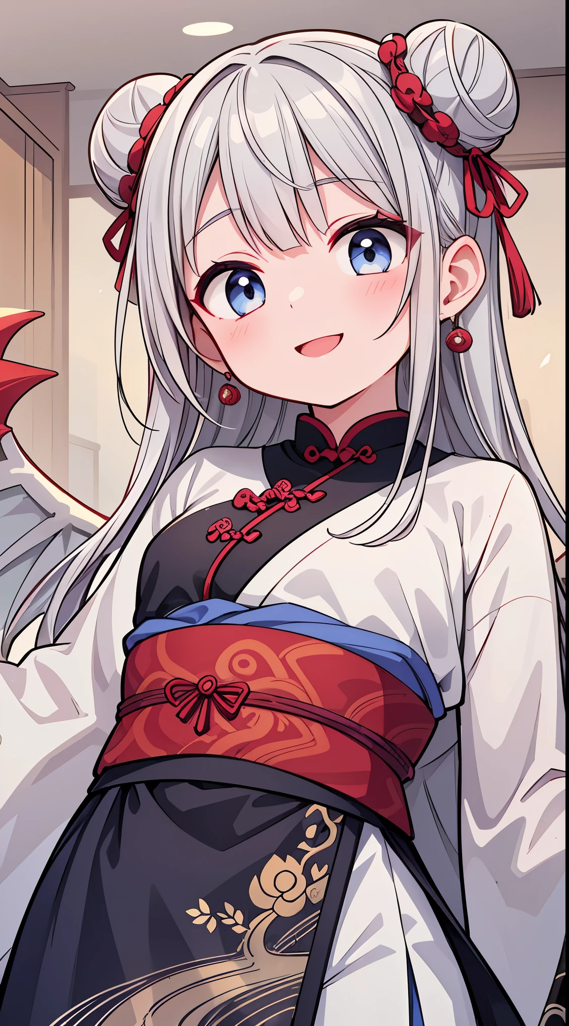 (masterpiece, top quality, best quality, official art, beautiful and aesthetic:1.2),ultra-detailed,intricate details,amazing illustration,award-winning art,atmospheric, BREAK,  1 beautiful girl, 1girl in, (Cute:1.5),(Cool:0.8), (Beauty:1.5),(Chibi:0.5), (17 years old girl), (girl, Older sister, Unclear, Beautiful face of Japan:1.2) BREAK, (A detailed eye,Tsuriformes:1.2),(Silver hair,Long hair in a bun,Deco:1.8), star eye silhouette, (long eyelashes, Double eyelids:1.2), cleavage, ,Swaying udder, Clear skin, Beautiful skin, Shy, Erect ,Clear skin, Beautiful skin, Shy, gleaming skin,(best quality face),(Top quality glowing eyes),(The best smile,Doya face:1.45), BREAK,arms below breasts,  BREAK Wear ornate dragon headpiece with traditional Chinese design elements, intricate embroidery, silk tassels, and small bells, BREAK Attach flowing silk dragon wings with embroidery with traditional Chinese dragon patterns, lightweight silk for grace and elegance, BREAK golden accessories, beaded necklace, bracelets, earrings, accessories with auspicious symbols like coins or lotus flowers, BREAK dragon tail with silk tassels, tail with traditional Chinese colors and patterns, BREAK, intricate makeup with eyeliner art with dragon scales around the eyes, Use red and gold hues for gown and headpiece, BREAK, dragon claw gloves with intricate embroidery and traditional Chinese patterns, gloves with Asian-inspired ensemble, BREAK, Holding oriental fan with dragon motifsdepth of fields,,

BREAK,wakame,wakame,wakame,(dynamic angle,from below:1.35),

BREAK,( Blurred Background:1 3),(absurderes, hight resolution, Super Detail Art),cel shading,Clear Color,Lonely optical effect,Beautiful pictures,Bright glow mystic atmosphere,(Close-up of girl:1.1),Mystical light particle effect,manga influence,clean line drawings,
