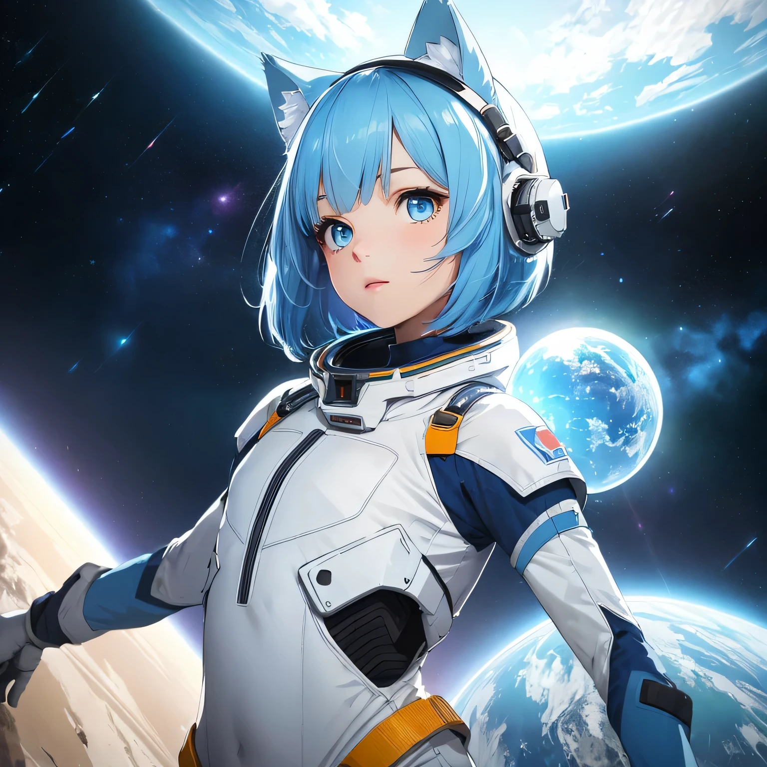 (8k, HDR, RAW photo, best quality, masterpiece:1.2, realistic lighting), long shot, girl floating on space, solo, (thin face), realistic beautiful face, very detailed face, (bob cuts hair), ((sky blue hair)), path traced hair, (sky blue cat ears), ((sky blue eyes)), beauty eyes, perfect symmetrical eyes, clear sparkling blue eyes, (flat chest), (small breast), wearing a full body spacesuit, (spacesuit helmet), detailed and complex background, surreal space, fantasy space, outer space
