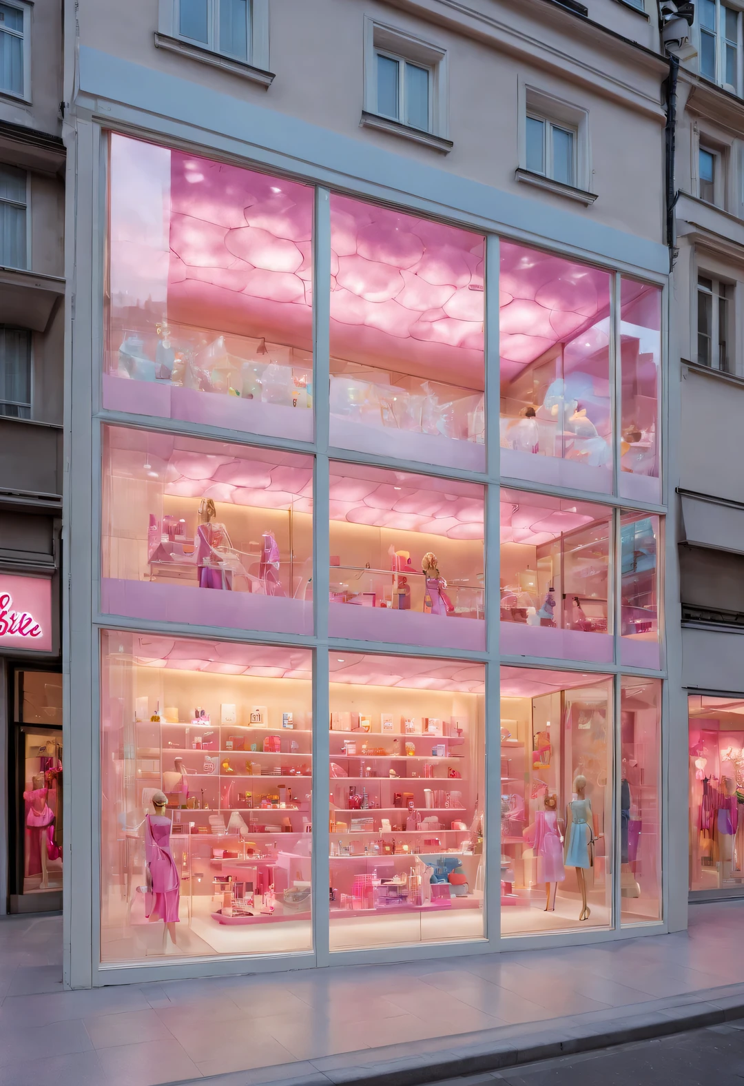 Barbie toy store glass window display,by John Pawson,by Shigeru Ban,by Renzo Piano,Toys,Minimalism, Colored lighting,perspective, extremely detailed, best quality, high resolution, Realistic, Backlight, Butterfly lighting,