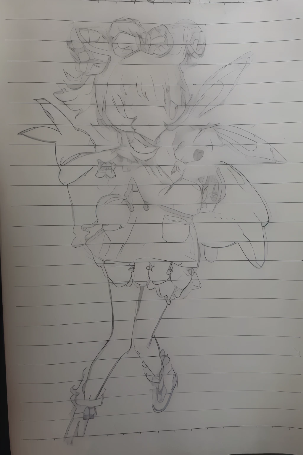 Notebook with drawings of a girl and a cat and a bird , Inspired by the article, by kamaguka, an anime drawing, pikachu as a human, anime sketch, whole body picture, Small curvy loli, line drawing!!, Pokemon Mist, whole body!, anime drawing, author:Ogura Yuki, old sketch, whole body!!