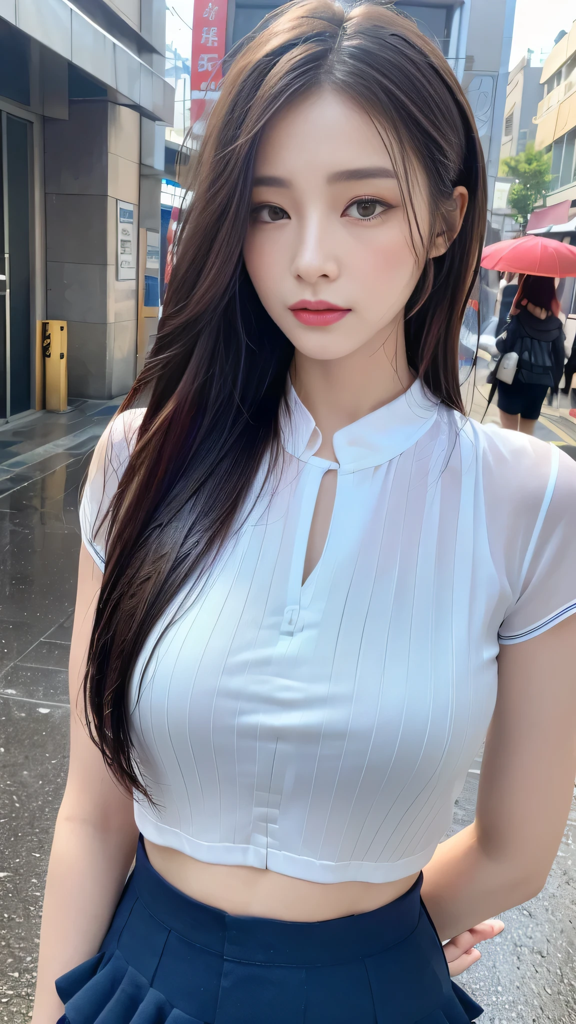 ((best quality、8k、masterpiece:1.3))、sharp、:1.2、perfect body beauty:1.4、slim abs:1.2、((layered hairstyle、huge:1.4))、cheongsam、(rain、street、:1.2)、wet:1.5、Very detailed facial and skin texturequisite eyes、double eyelids、Look at the camera aspect