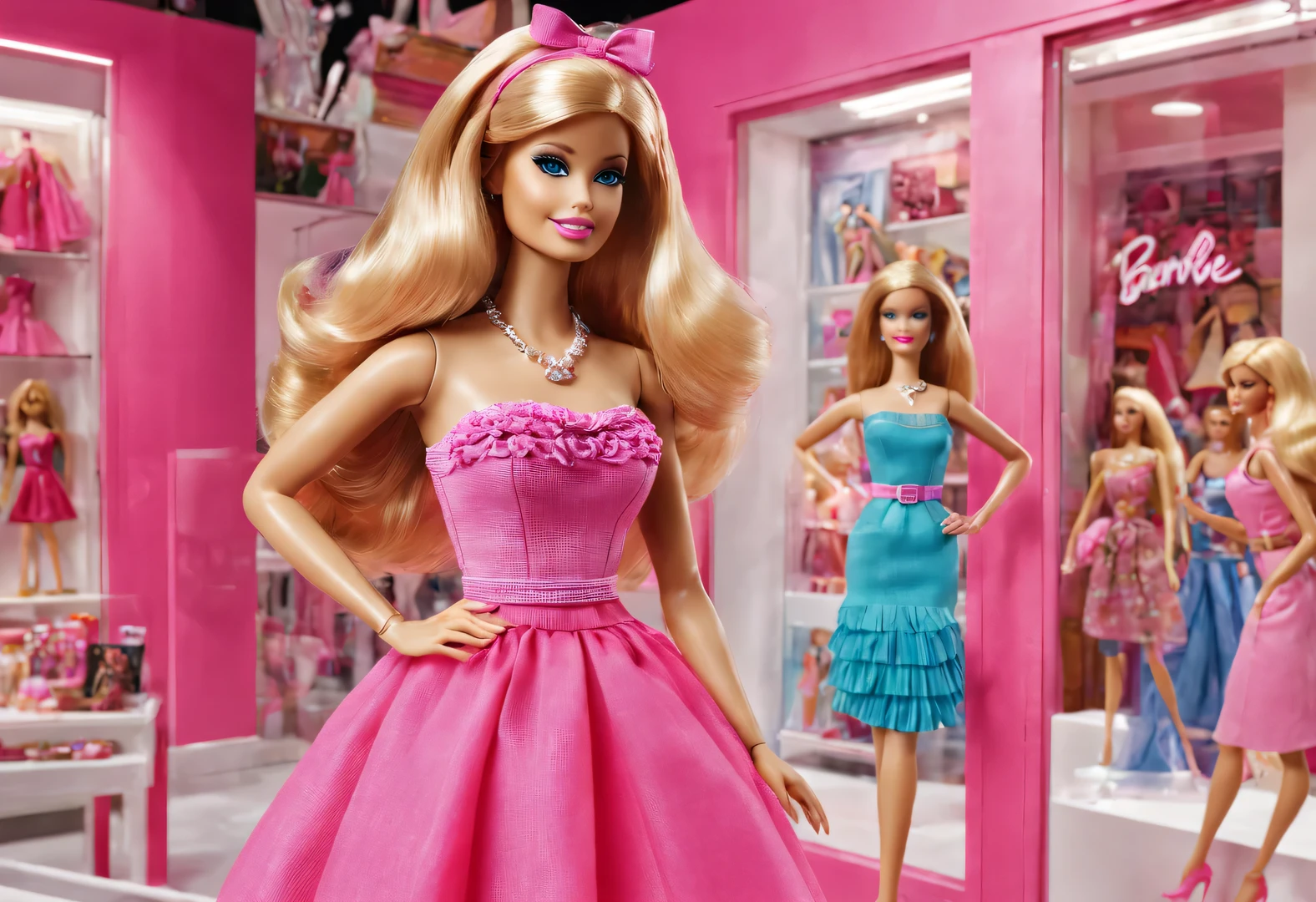 UHD， masterpiece， ccurate， high detail， high quality， award winning， best quality， highres， 16k，（scenography），（Barbie doll toy store window display），3D，