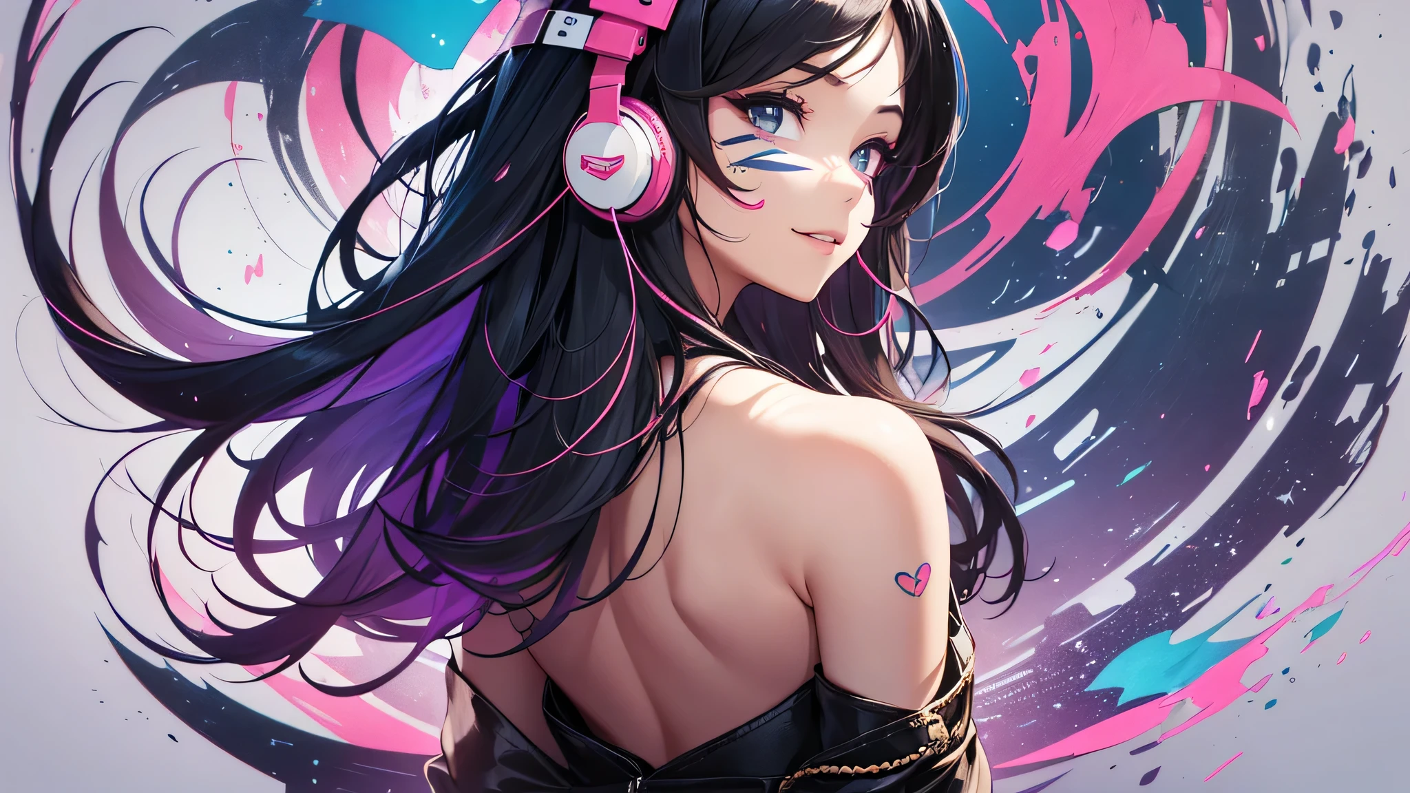最high quality、best image quality、masterpiece、teenage girl((18-year-old、 by becoming、vest bust、medium bust,wide open breast tea、black eye, black hair、long hair、thin,highest valley、cute makeup、black short skirt、Red spats、fluttering hair、white navel tank top、chain accessories、headphones,dance motion,Fierce dance、best smile、Rear view、blue face paint、Yellow face paint、Pink face paint)),high quality、beautiful art、background((night club)),pieces fly、Depth of written boundary、movie、visual art、perfect art、