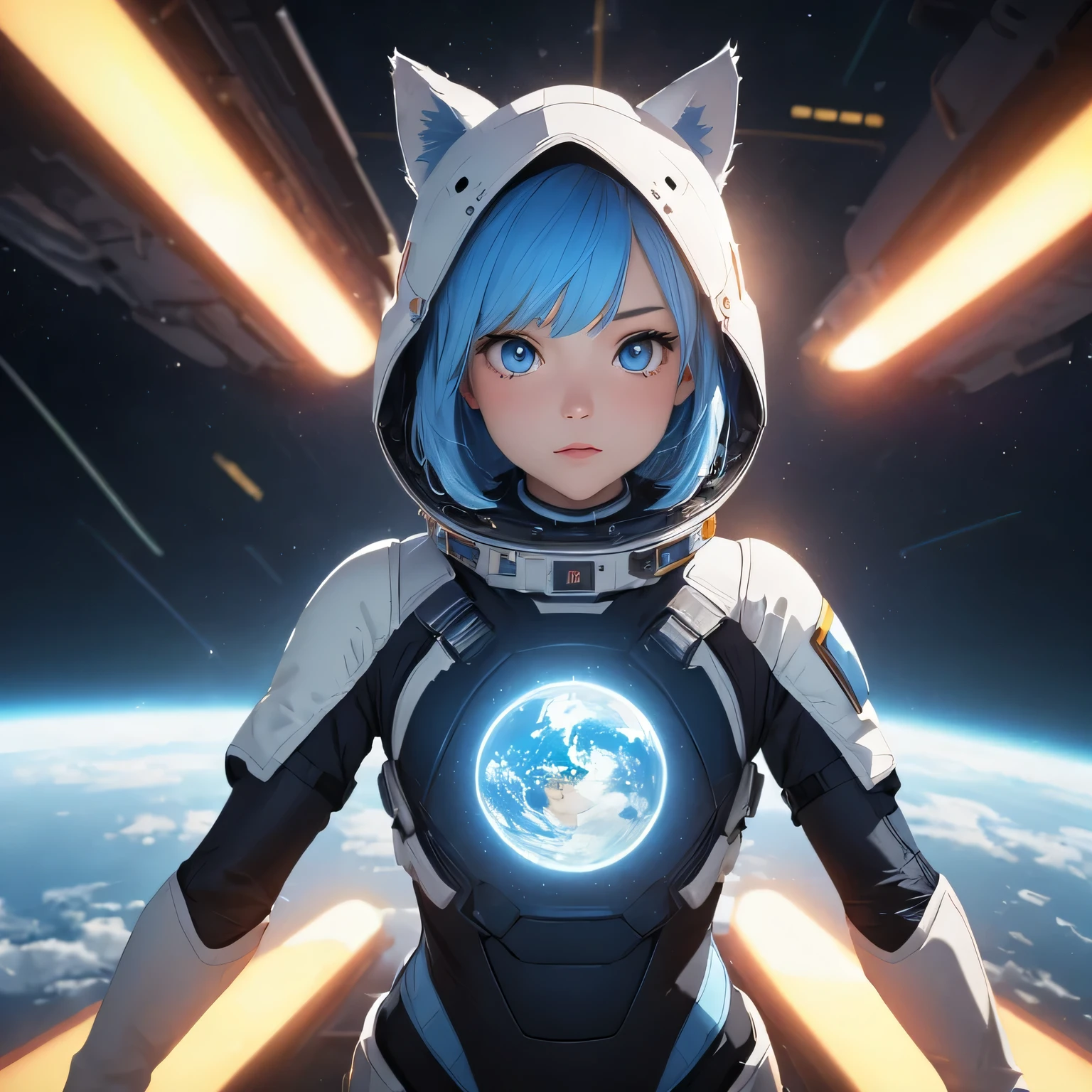 (8k, HDR, RAW photo, best quality, masterpiece:1.2, realistic lighting), long shot, girl floating on space, solo, (thin face), realistic beautiful face, very detailed face, (bob cuts hair), ((sky blue hair)), path traced hair, (sky blue cat ears), ((sky blue eyes)), beauty eyes, perfect symmetrical eyes, clear sparkling blue eyes, (flat chest), (small breast), wearing a full body spacesuit, (spacesuit helmet), detailed and complex background, surreal space, fantasy space, outer space