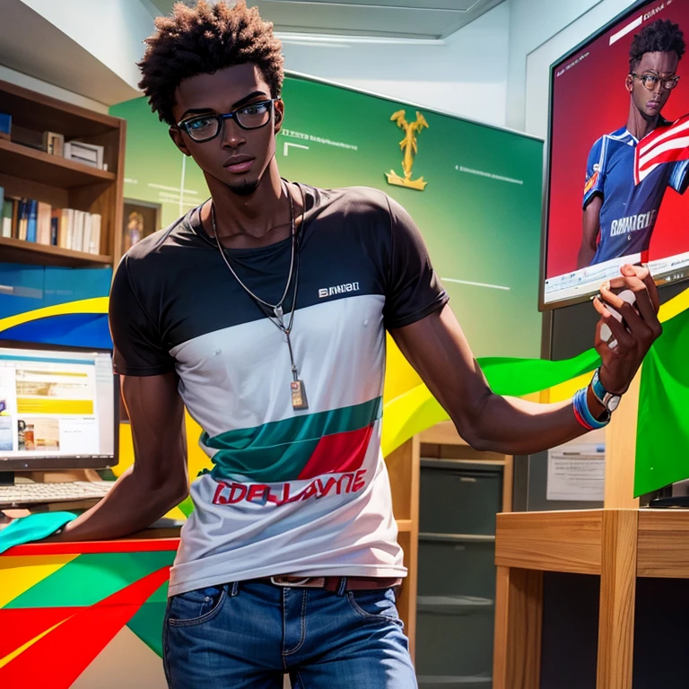 Jeune homme noir âgé de 18 ans,expert en informatique et portant des lunettes,il a t-shirt aux couleurs du drapeau de la République démocratique du Congo
