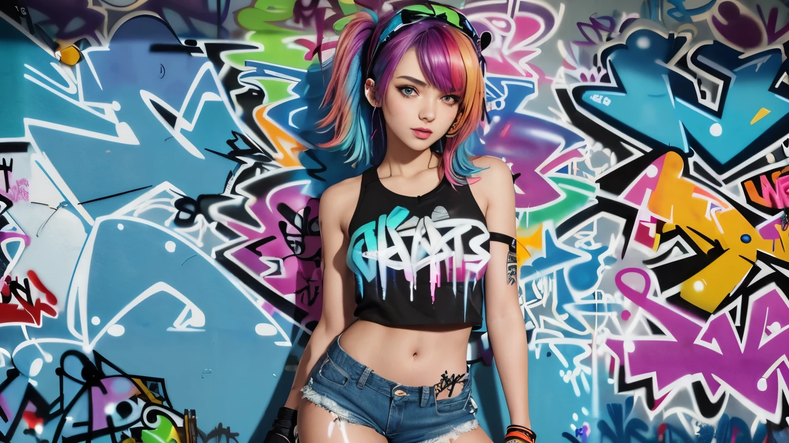 masterpiece, best quality, 1girl, solo, crop top, denim shorts, (graffiti:1.5), paint splatter, against wall, looking at viewer, armband, thigh strap, head tilt, multicolored hair, aqua eyes, headset,
