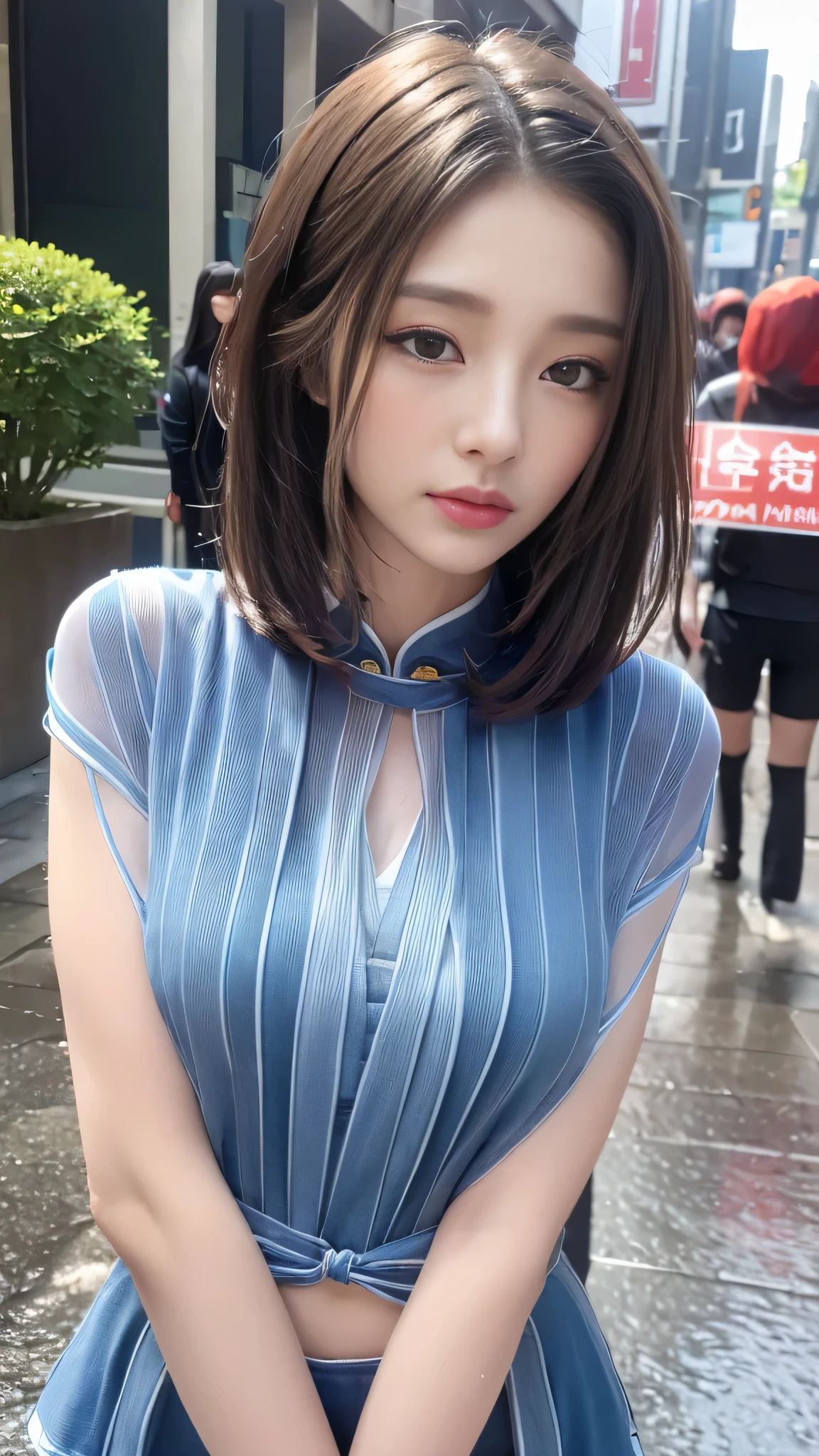 (masterpiece:2.0), (top-quality:2.0), (naked:1.5), (super short mini-skirts:1.5), (super thin fabric:1.5), (sexypose:1.5), (blushed face:1.3), (bare-chested:1.3), (realistic:1.5), 1 , precise hands, Embarrassed look, light smile, extremely cute japanese girl, young face, Clear eyes, Shining eyes, small breasts, (the thighs are visible:1.5), The crotch is visible, No pubic hair, The beautiful skin, ultra-definition, Top resolution, brown hair, ((all exposing small breasts)), ((3girls)), topless nude, sexy poses, busy street background, deep-V tank top