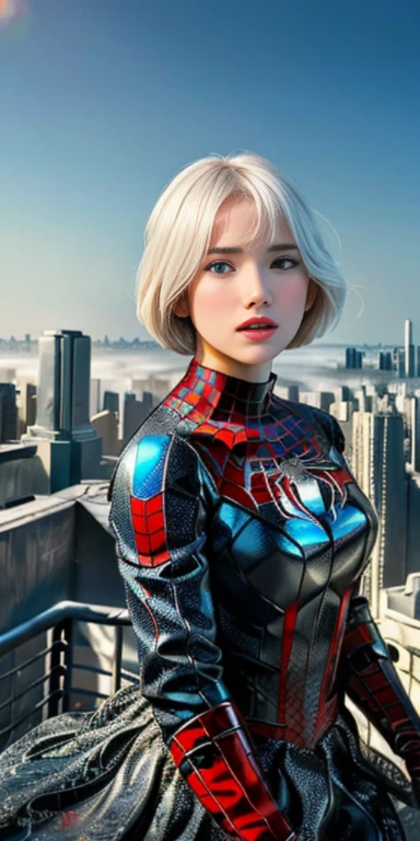 (1girl:1.3), Solo, (((Very detailed face)))), ((Very detailed eyes and face)))), Beautiful detail eyes, Body parts__, Official art, Unified 8k wallpaper, Super detailed, beautiful and beautiful, beautiful, masterpiece, best quality, original, masterpiece, super fine photo, best quality, super high resolution, realistic realism, sunlight, full body portrait, amazing beauty, dynamic pose, delicate face, vibrant eyerom the front), She wears Spider-Man suit, red and black color scheme, spider, very detailed city roof background, rooftop, overlooking the city, detailed face, detailed complex busy background, messy, gorgeous, milky white, highly detailed skin, realistic skin details, visible pores, clear focus, volumetric fog, 8k uhd, DSLR, high quality, film grain, fair skin, photo realism, lomography, futuristic dystopian megalopolis, translucent,poneyTail short hair