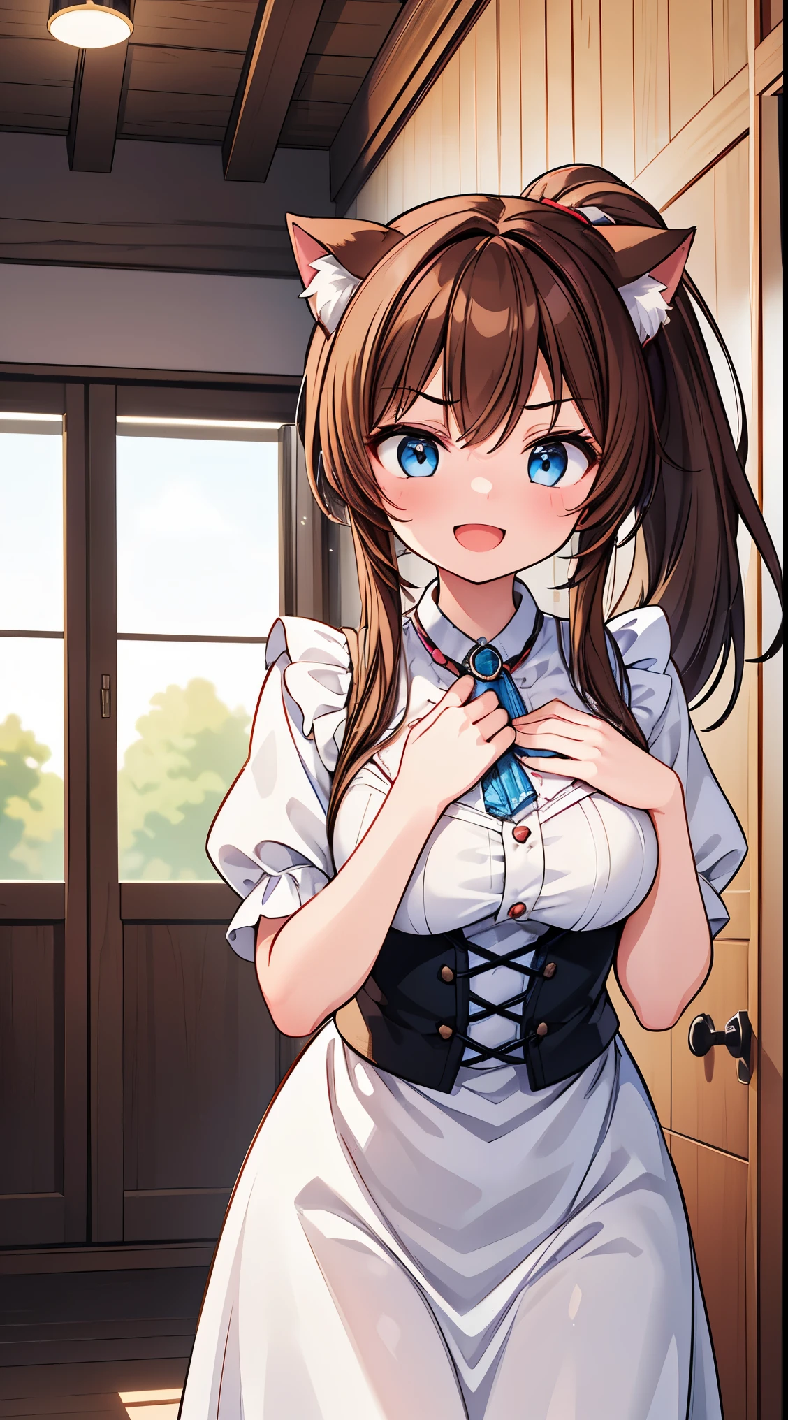 (masterpiece, top quality, best quality, official art, beautiful and aesthetic:1.2),ultra-detailed,intricate details,amazing illustration,award-winning art,atmospheric,
BREAK, 1 beautiful girl, (17 years old girl), Very detailed, colourfull, highest details, BREAK, (Huge breasts: 1. 2), Clear skin, Beautiful skin, Shy skin, 1 beautiful girl, (Brown hair:1.75), (Cat ears, Ponytail, medium-Long hair: 1. 2), (Light blue eyes, long eyelashes, Double eyelids: 1. 2),Solo,gleaming skin, Clear skin, Beautiful skin,(best quality face),(Top quality glowing eyes),(The best smile,:D:1.45),
BREAK , (((girl,embarrassed, panicking,angry,pleasant sensation))), angry, confused,hands up,clothes, ((large chest)), ((standing, leaning forward )), pov face, from above,looking at viewer up, (best quality: 1.2), (solo: 1.3), (1 girl,: 1.3), panic, maid clothes, luxurious palace, chandelier,BREAK,wakame,wakame,wakame,(Cowboy Shot:1.4),
BREAK,(Blurry background:1.3),(absurderes, hight resolution, Super Detail Art),cel shading,Clear Color, Lonely optical effect, Beautiful pictures, Bright glow, mystic atmosphere,(Close-up of girl:1.1), Mystical light particle effect,manga influence, clean line drawings,