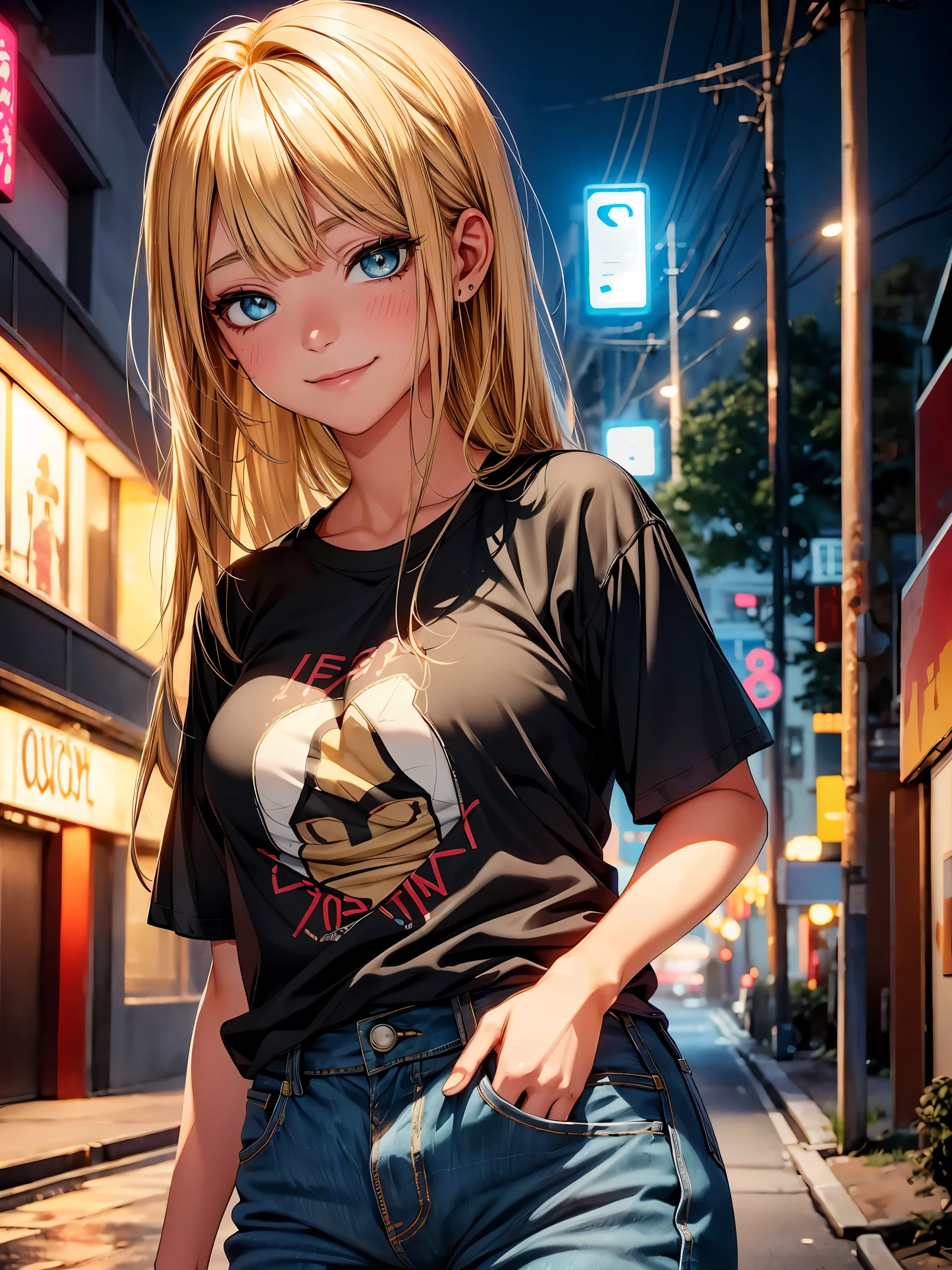 (8K, Raw photo, 最high quality, muste piece: 1.2), High-definition RAW color photo, Professional photo shoot, cinematic light, solo, (((young woman, gal))), (垂れeye), (small face), (high detail skin: 1.2), clavicle, pretty face, beautiful eyes, long eyelashes, (rainbow hair, Brownい瞳), (beautiful breasts:1.5),(slender:1.4), very detailed顔と肌の質感, 詳細なeye, double eyelid, カメラを横eyeで見る, ((blonde, shortcut, Bangs are long on one side)), slenderボディ, ((smile:1.2)), big breasts, normal hip joint, Brown_eye, cowboy shot, (T-shirt:1.5, Denim pants), on the road, night time, In front of the concrete wall, 見つめるeye, beautiful skin, shiny skin, wet skin, wetting hair, perfect fingers, 5 fingers, anatomically correct, back ground bokeh, high quality, surreal, Bright colors, ((very detailed, photo shoot)),