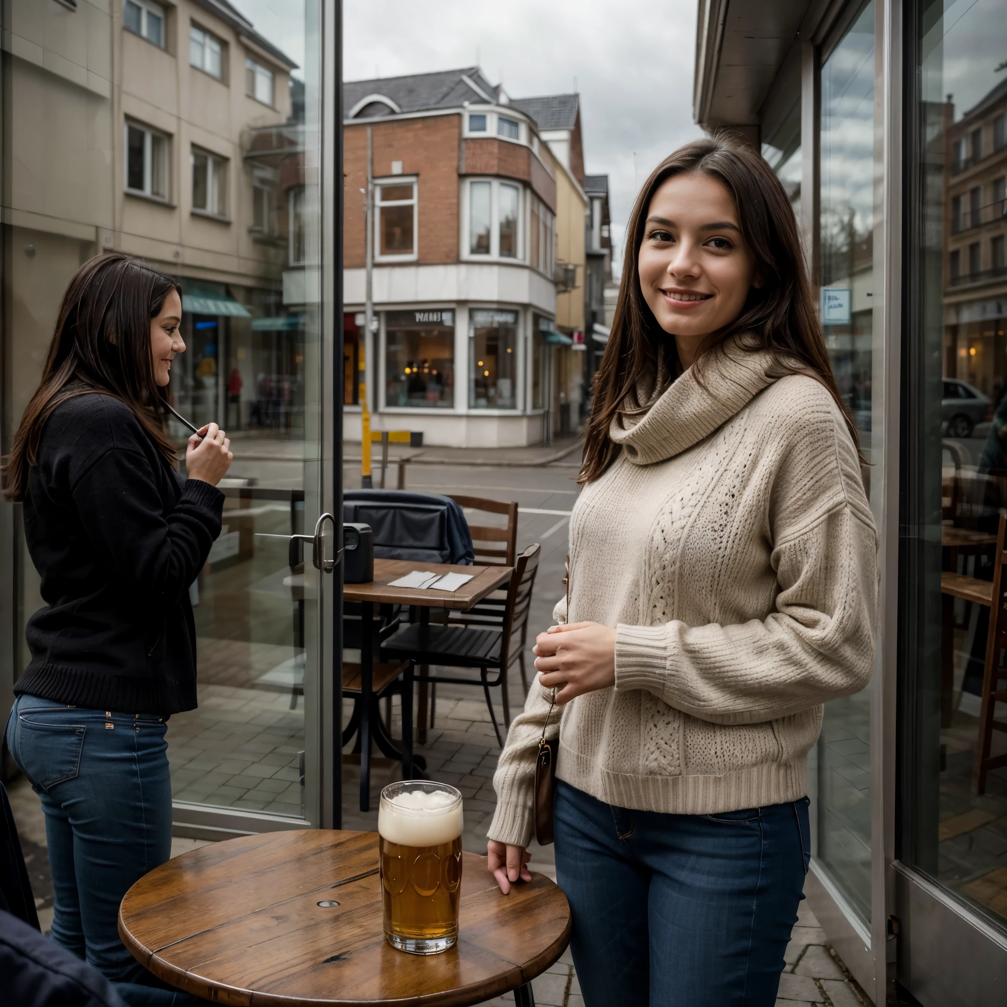 Visualize a scene set in Nordstadt, Dortmund, Germany, on a grey, overcast afternoon in mid-January. Captured from a slightly elevated angle, as if taken by someone standing across the table, the image focuses on a woman in her 30s standing at a stand table outside a quaint kiosk. This woman, with her long, dark hair and medium build, appears slightly inebriated but happy, her gaze fixed directly into the camera lens with a contented smile. She is dressed in a thick, woolen burgundy sweater and dark blue jeans, fitting seamlessly into the casual, urban setting.
The photograph is taken with a high-resolution DSLR camera, which picks up fine details like the subtle textures of her sweater and the gentle condensation on the half-empty beer glass on the table. The camera's depth of field is shallow, making the woman stand out sharply against a softly blurred background. This background features muted cityscape colors, with passersby bundled in winter attire and cars occasionally driving past the kiosk.
The lighting in the photo is natural and soft, typical of a cloudy winter day, casting gentle shadows and lending the scene a relaxed, almost serene atmosphere. The overall image quality is crisp and vivid, with balanced contrast and a slightly warm color tone that adds a sense of coziness to the chilly outdoor setting.