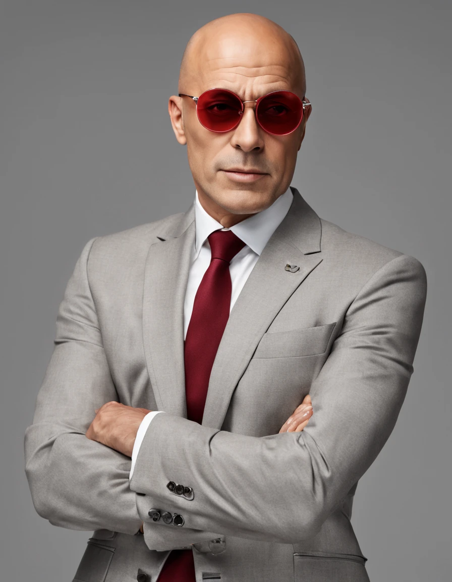 (best quality,4k,8k,highres,masterpiece:1.2),ultra-detailed,(realistic,photorealistic,photo-realistic:1.37),bald man,small red lens round glasses,Armani suit,elegant full body shot,plain background,studio lighting,professional,vivid colors,sharp focus