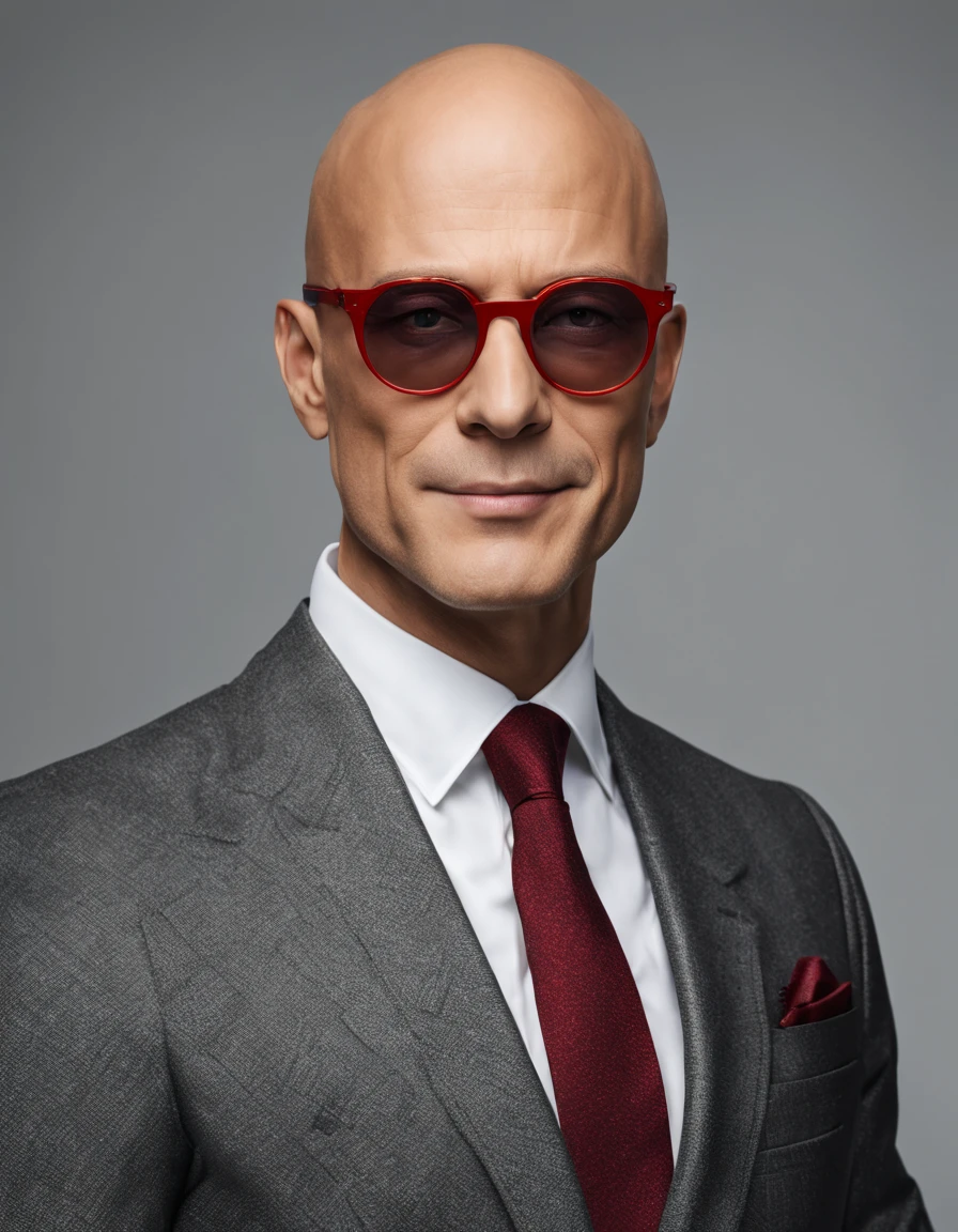 (best quality,4k,8k,highres,masterpiece:1.2),ultra-detailed,(realistic,photorealistic,photo-realistic:1.37),bald man,small red lens round glasses,Armani suit,elegant full body shot,plain background,studio lighting,professional,vivid colors,sharp focus