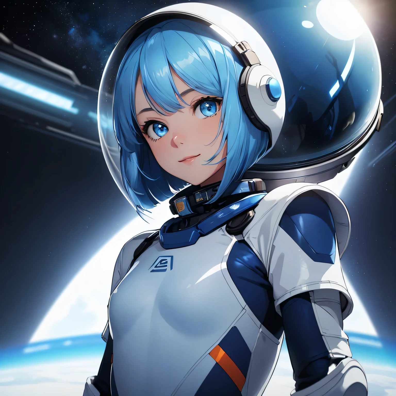 (8k, HDR, RAW photo, best quality, masterpiece:1.2, realistic lighting), Point of view shot, girl floating on space, solo, (thin face), realistic beautiful face, very detailed face, smile, (bob cuts hair), ((sky blue hair)), path traced hair, (sky blue cat ears), ((sky blue eyes)), beauty eyes, perfect symmetrical eyes, clear sparkling blue eyes, (flat chest), (small breast), wearing a full body spacesuit, (spacesuit helmet), detailed and complex background, surreal space, fantasy space, outer space