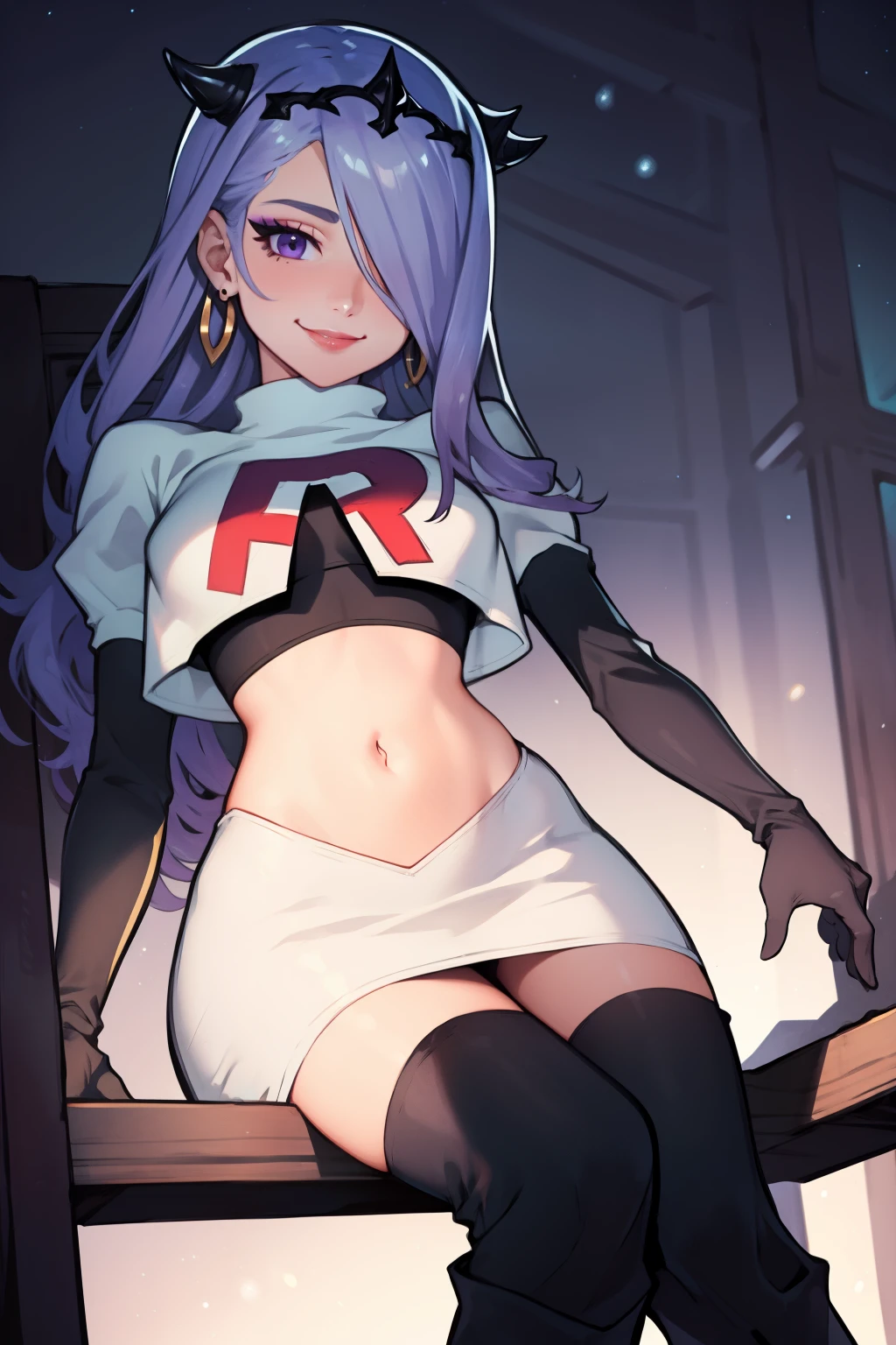 defCamilla, tiara, ,earrings ,lipstick, eye shadow, heavy makeup ,team rocket uniform, red letter R, white skirt,white crop top,black thigh-high boots, black elbow gloves, smile, looking down on viewer, sitting ,crossed legged, night sky background