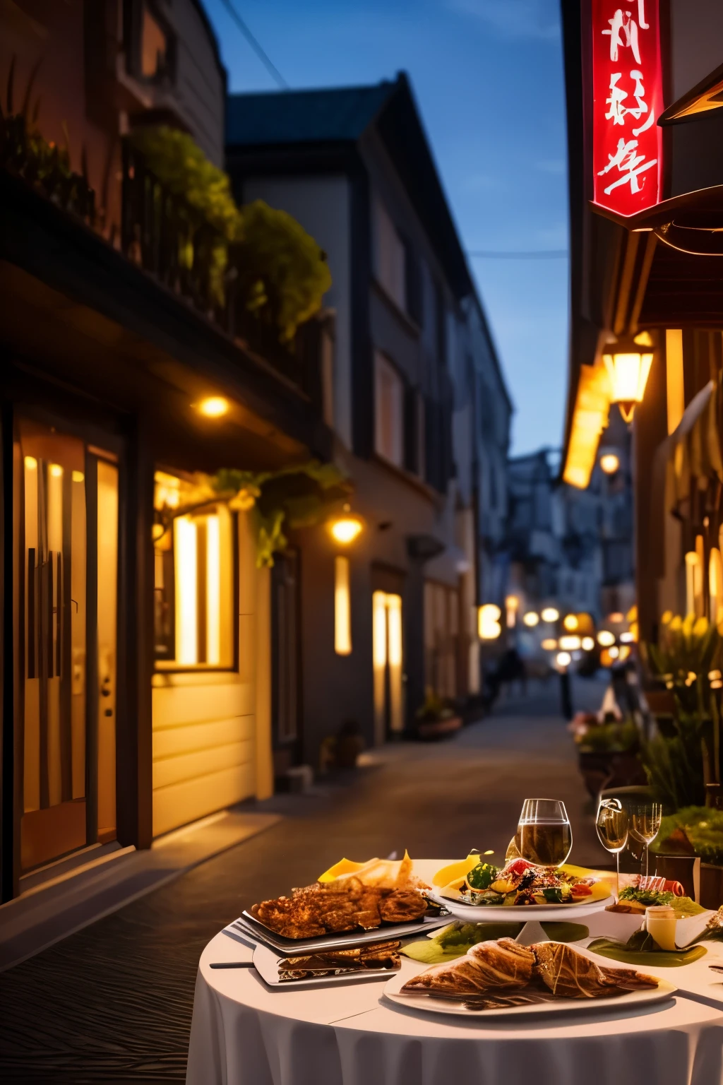 Cinematic shot,table with dinner food,strategic shot,unit render,masterpiece:1.2,ultra-detailed,realistic,at night,professional,HDR,vivid colors,sharp focus,HDR,bokeh,orthographicCamera,ambient night,high-poly model,shaodws,visually stunning,impressive composition,delicious food,table arrangement,wide depth of field,aesthetic presentatio,subtle color gradations,artistic vibes,lifelike textures,fine details,attention to small things,meticulous craftsmanship,exquisite rendering,freshly served,tempting appearance,crisp images,rich colors,realistic shadows,dynamic composition,thoughtful layout,professional photography,expertly composed scene,scenic beauty, neon mecha style