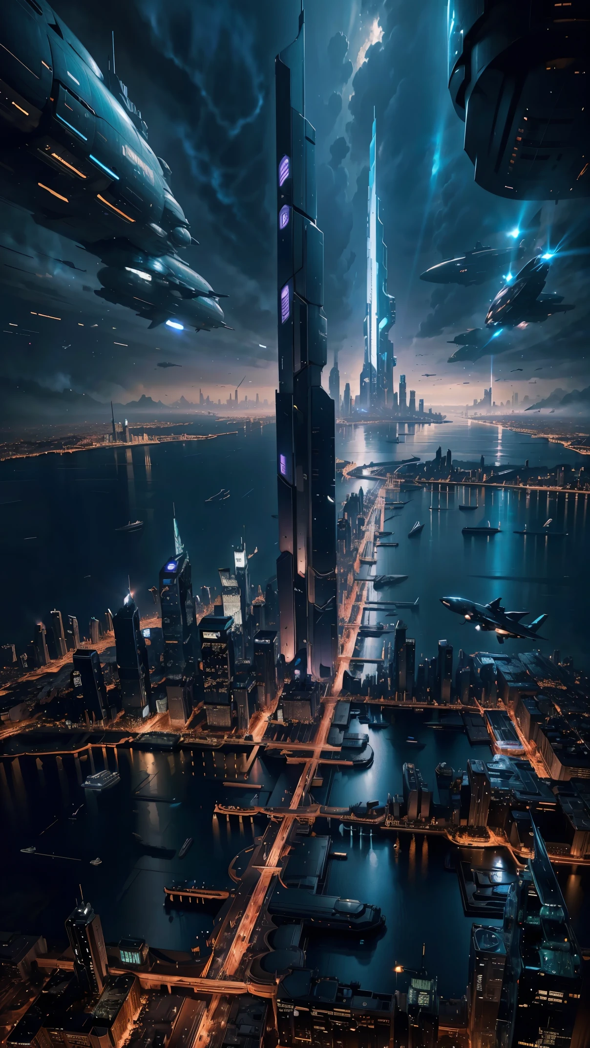 Night view seen from an airplane,future city:1.3,port,flying spaceship,skyscraper,master piece,highest quality,ultra high resolution,(Super detailed:1.2),8K,photorealistic,best aesthetic,beautiful,Crisp