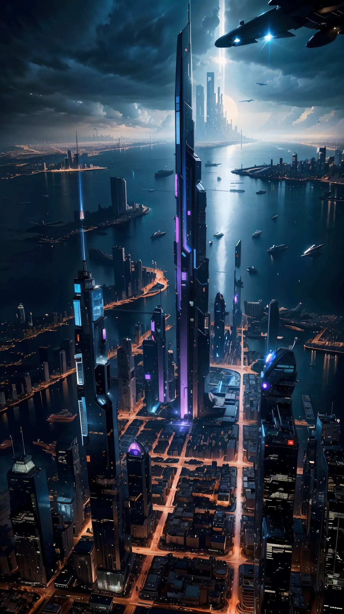 Night view seen from an airplane,future city:1.3,port,flying spaceship,skyscraper,master piece,highest quality,ultra high resolution,(Super detailed:1.2),8K,photorealistic,best aesthetic,beautiful,Crisp
