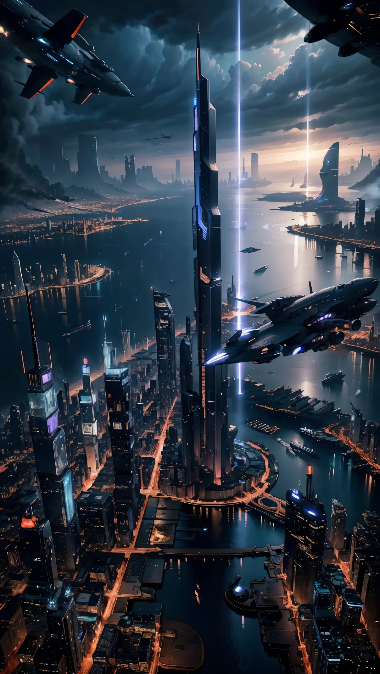 Night view seen from an airplane,future city:1.3,port,flying spaceship,skyscraper,master piece,highest quality,ultra high resolution,(Super detailed:1.2),8K,photorealistic,best aesthetic,beautiful,Crisp