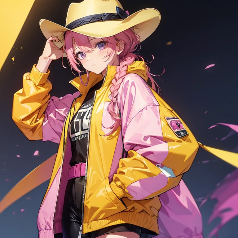 A woman，Wearing a yellow windbreaker，wearing a cowboy hat，pink hair，Braided hairstyle，Gun in one hand