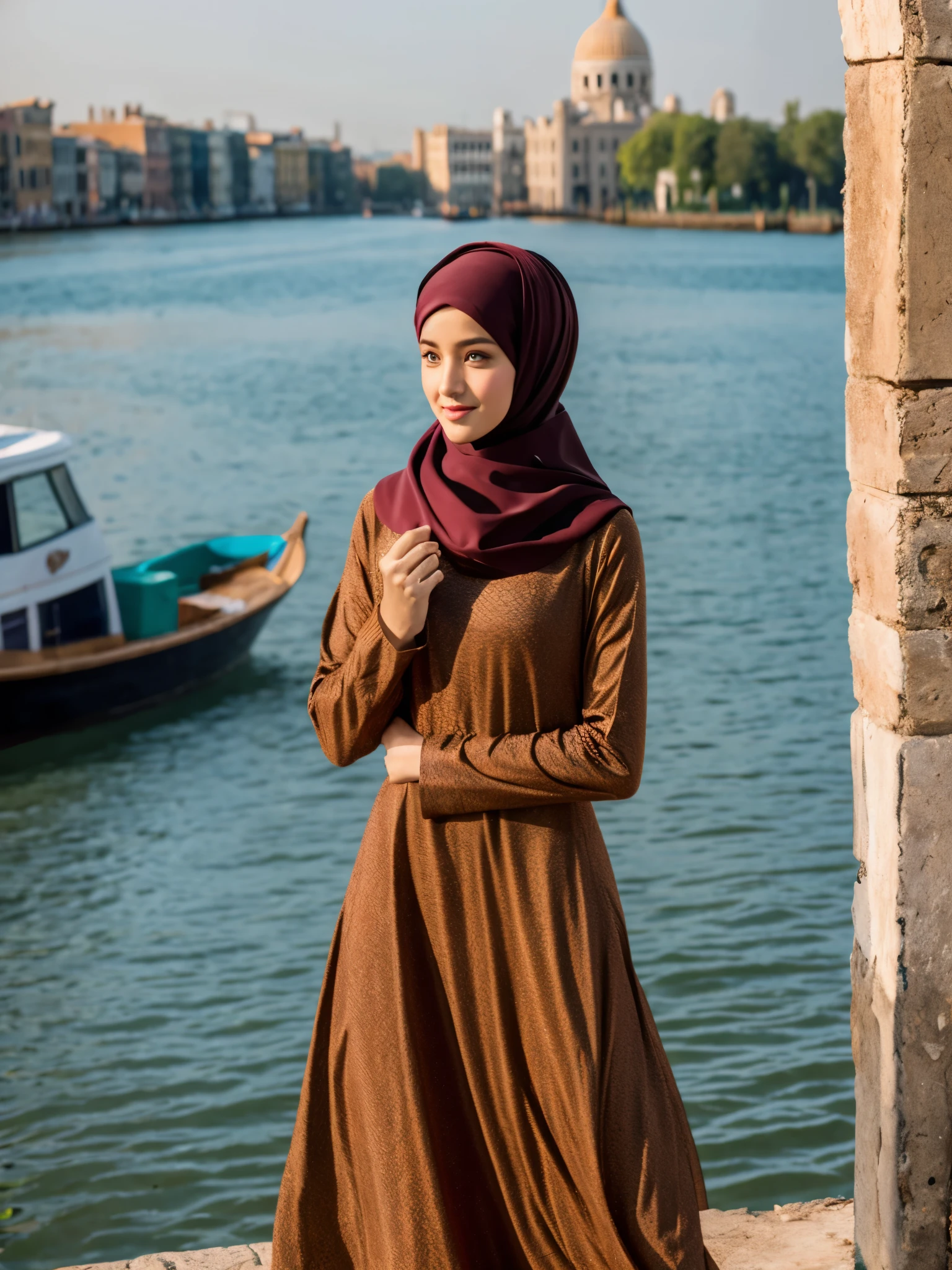 Please make me a photo of a young woman wearing a patterned long-sleeved dress brown colour and hijab, wearing shoes, smartwatch iPhone (((full body)) beautiful professional))standing facing the viewer in the middle of the park against the background of an ocean view. In his hand, he holds the handbag with confidence." ...