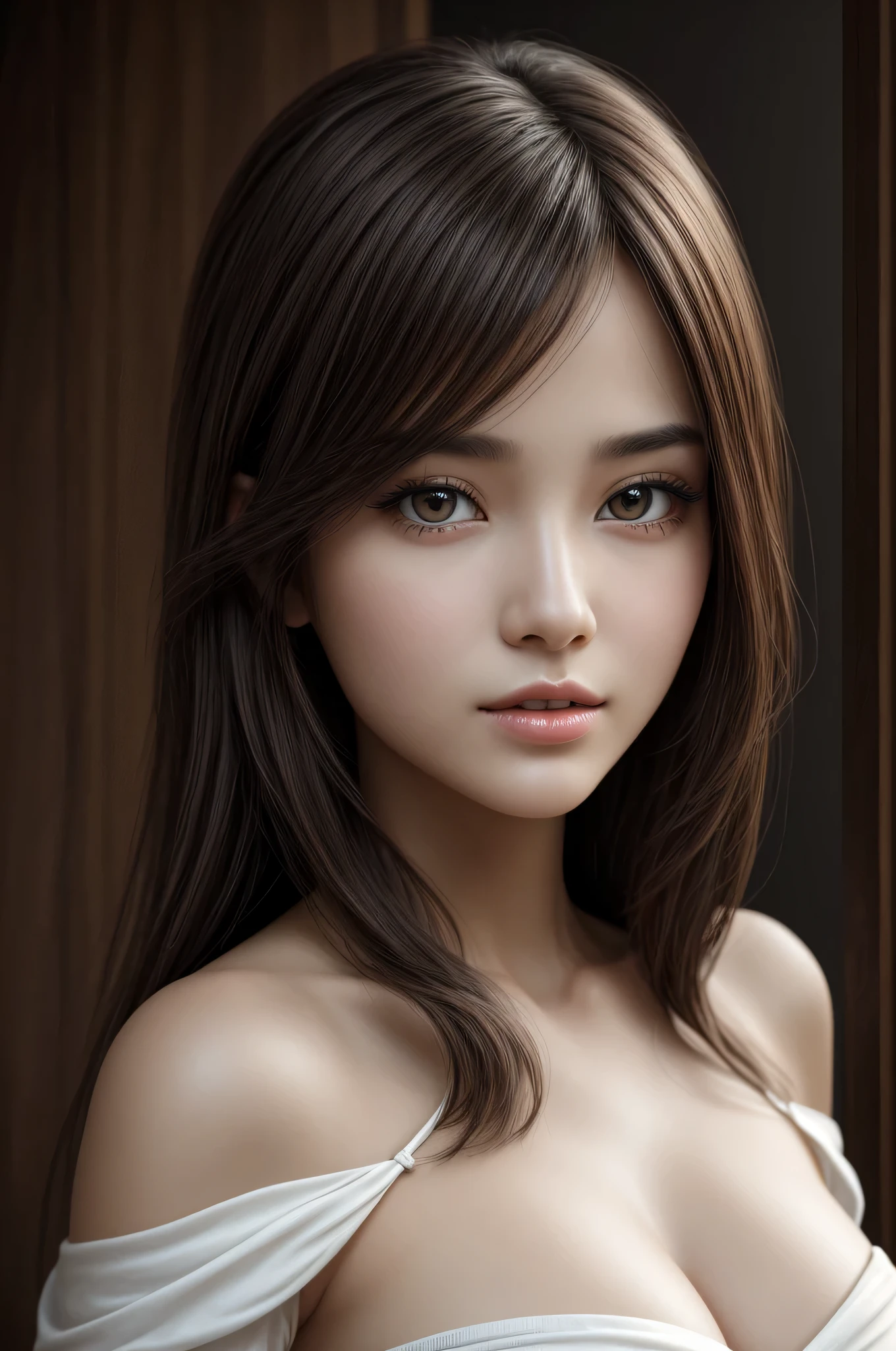 (1ung girl), (Ultra realistic, high res), (highly detailed eyes, highly detailed hair, highly detailed face, highly detailed plump lips), naked, (off shoulder), breasts, upper body, caute smile, (best quality:1.4), Raw photo, (realistic, photo-realistic:1.37), professional photography, cinematic light, (fine face: 1.2),