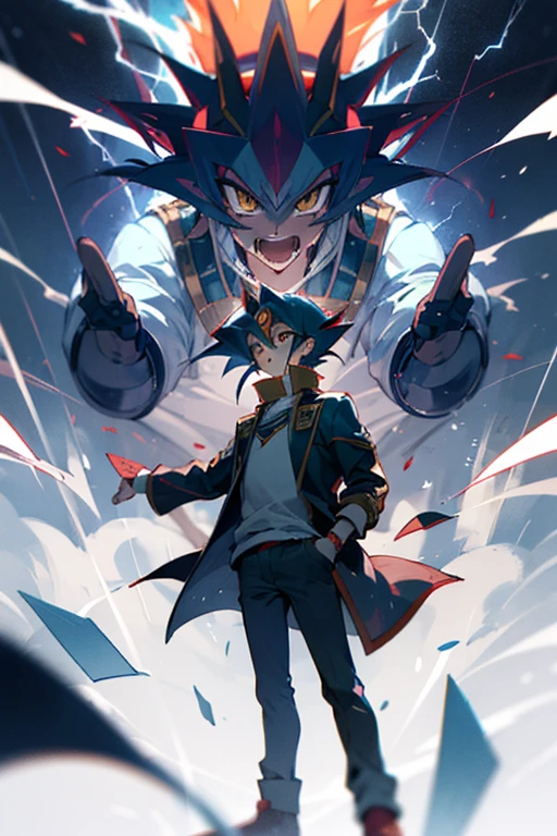 Variety of campus，Yu-Gi-Oh，eye of horus，1 boy，A boy named Atem  standing on campus，The sky  filled with lightning and thunder，The sky  reminiscent of a card game《Yu-Gi-Oh》The mythical Osiris sky dragon！Boy  casting a spell、Whispering ancient Egyptian texts，There were also terrified students on the scene、There was chaos